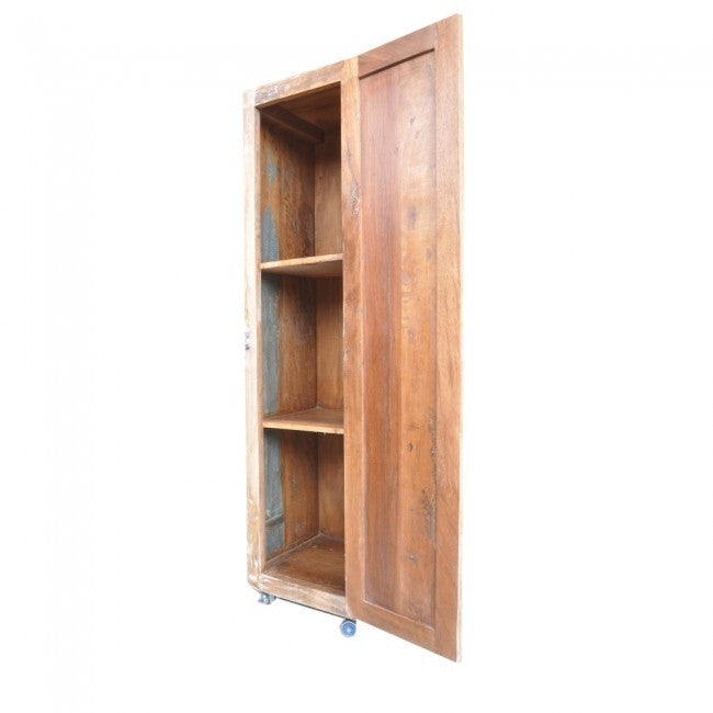 Solid Wood Tall Thin Cabinet with Fridge Doors - 1.65m Height, Wheels for Mobility, Honey Finish | Perfect for Kitchen Storage, Pantry Organization & Home Decor