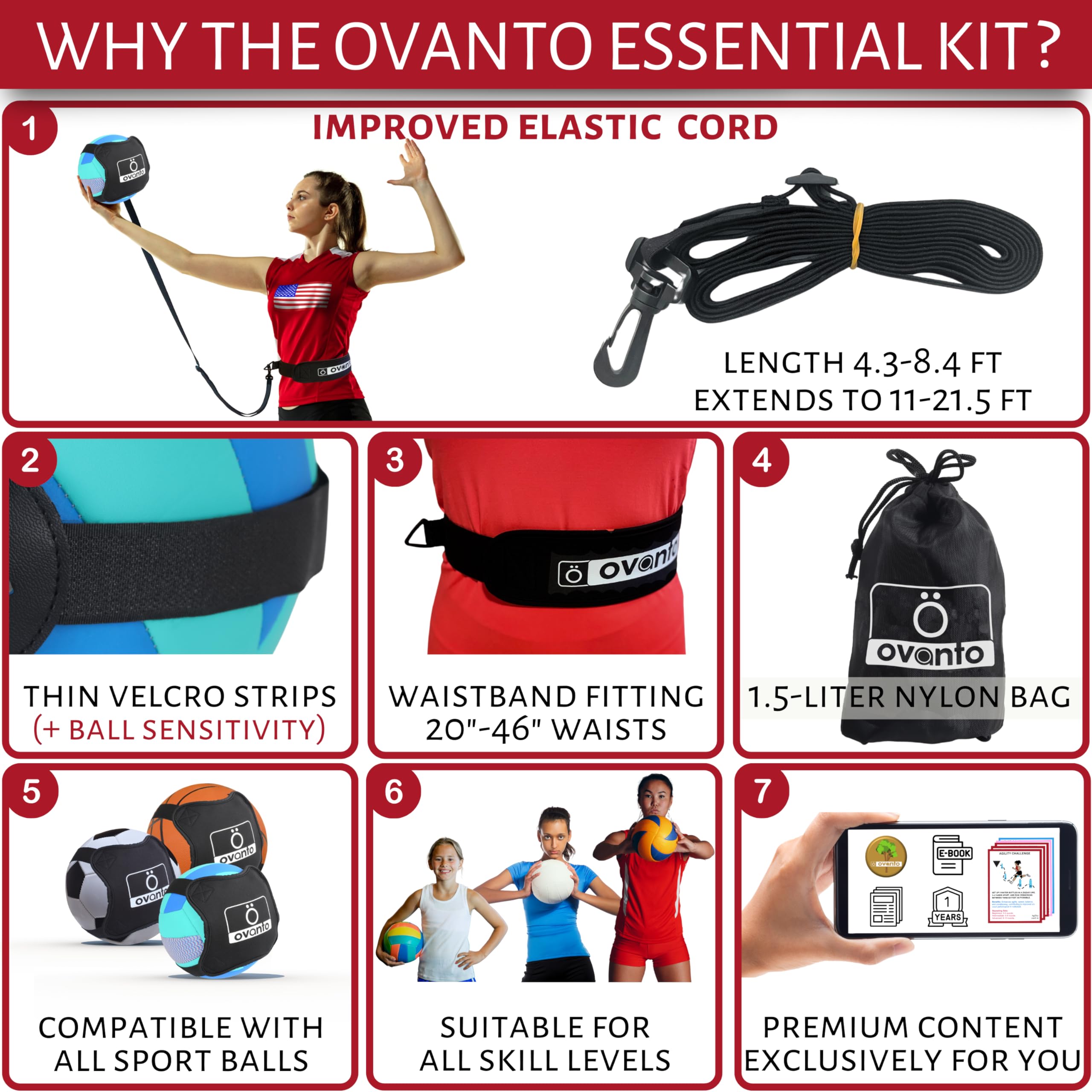 OVANTO Volleyball Training Equipment Set - 4 Styles for Serving, Spiking, Setting & Passing Practice - Adjustable Volleyball Trainer for Beginners & Pros - Perfect for Indoor/Outdoor Court Drills & Solo Practice Sessions