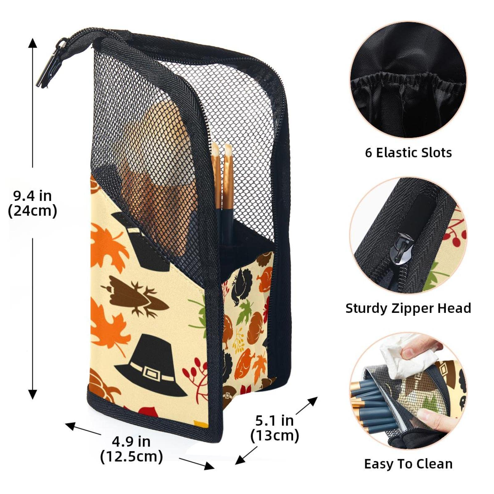 12-Piece Makeup Brush Organizer Bag with Portable Holder Case - Thanksgiving Turkey Pumpkin Leaves Design - Perfect for Travel, Home Storage & Makeup Artists