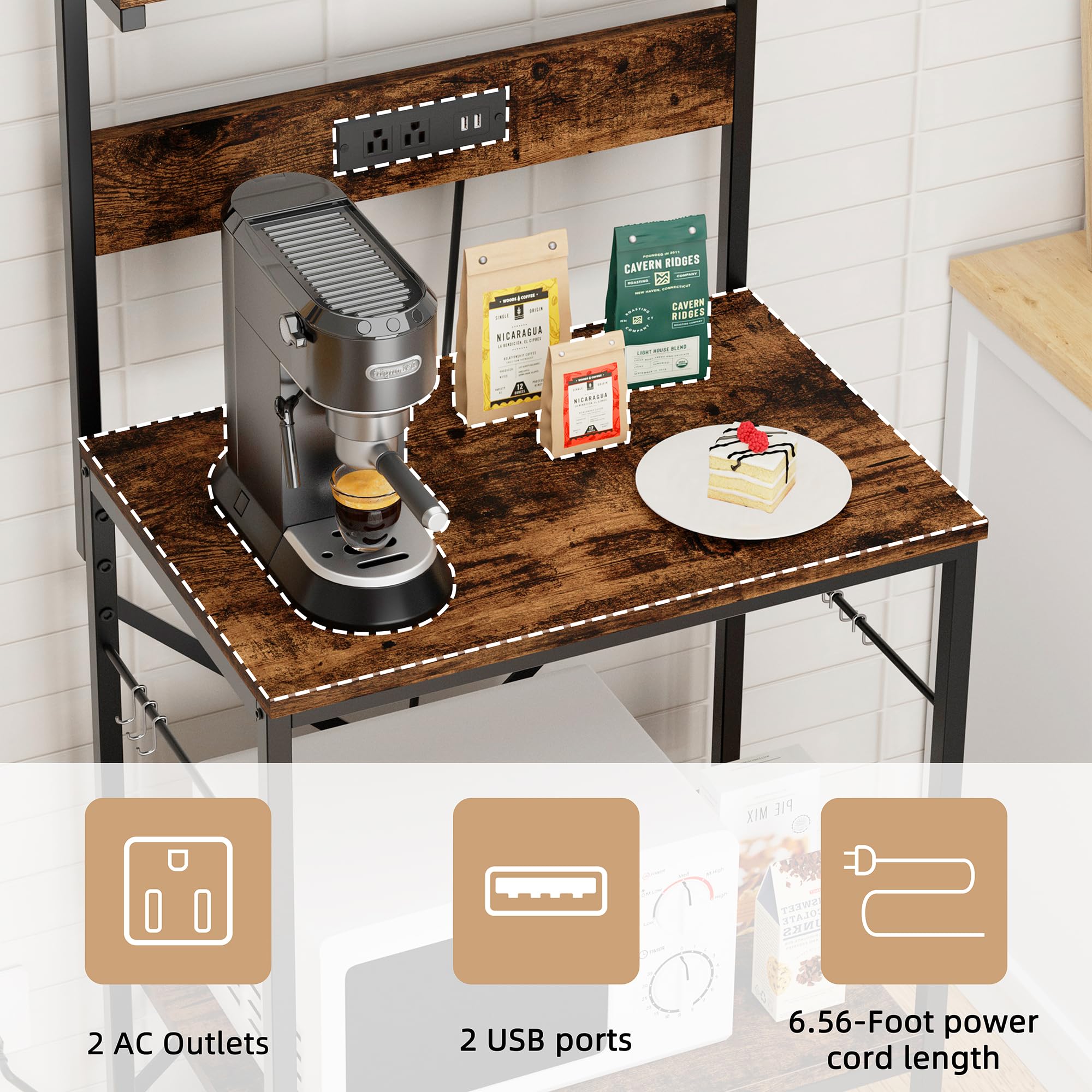 JAMFLY 4-Tier Kitchen Bakers Rack with Power Outlet & 6 S-Hooks - Microwave Stand, Coffee Bar Organizer, Rustic Brown - Perfect for Small Kitchens, Apartments & Coffee Stations