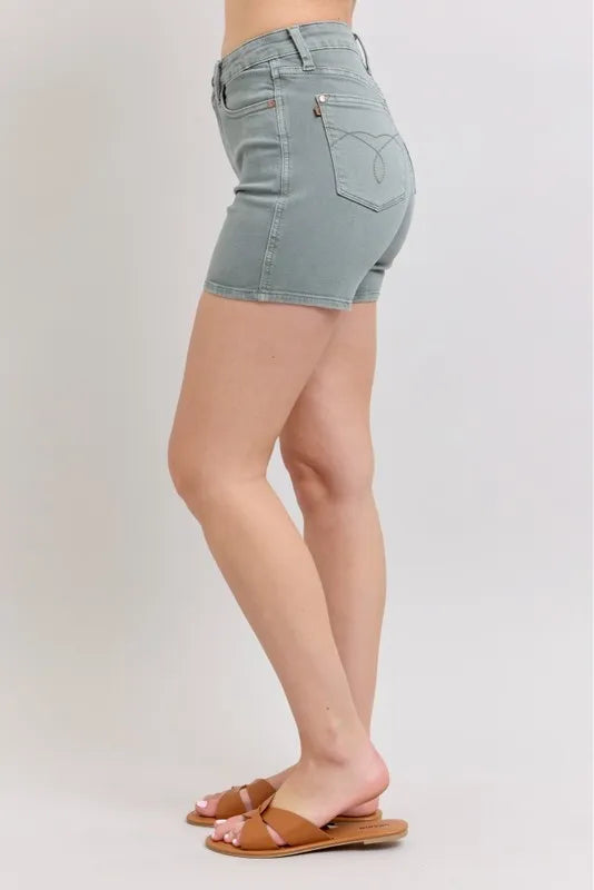 Judy Blue Women's Plus Size Garment Dyed Shorts with Back Pocket Embroidery - Comfortable Casual Wear for Summer Outings & Beach Vacations