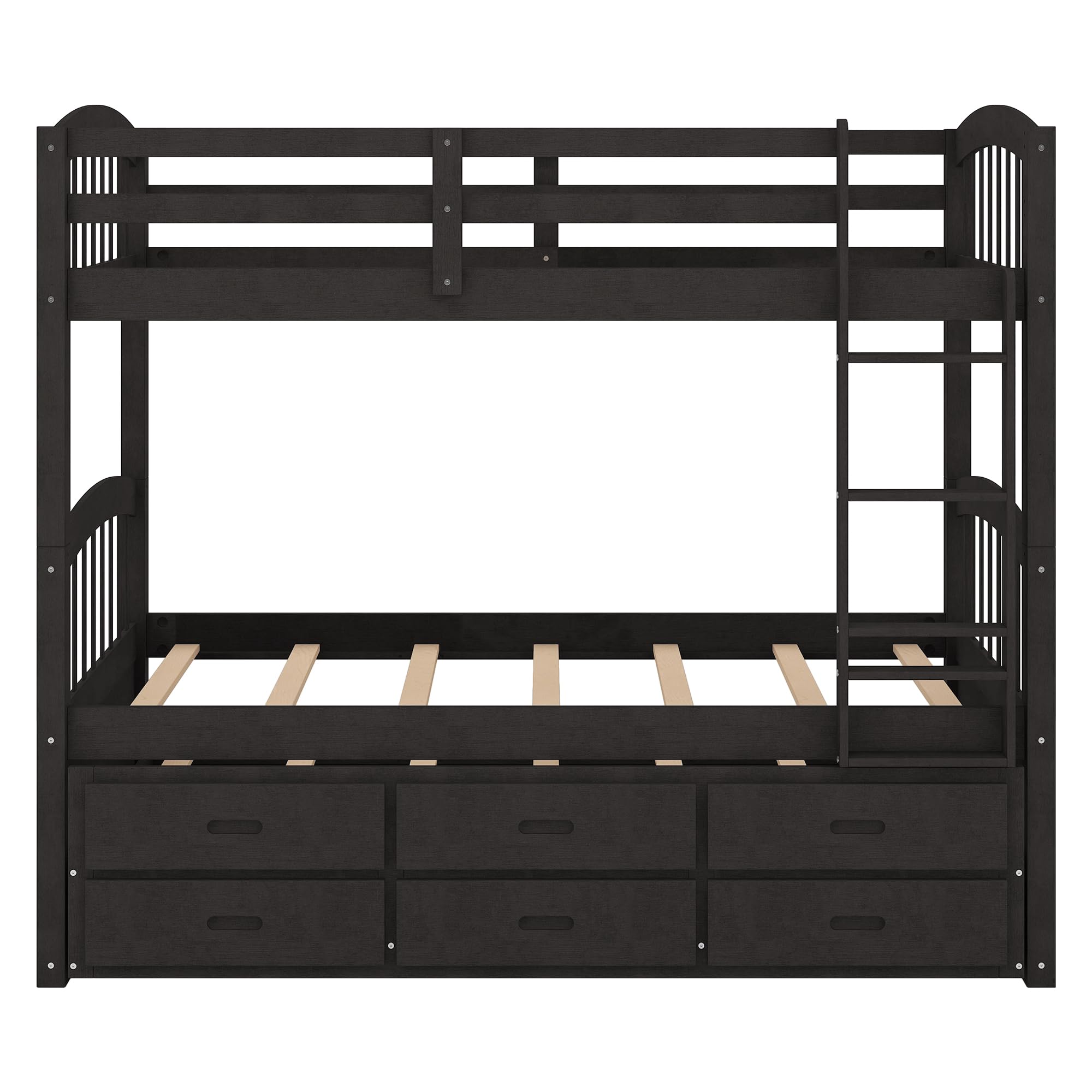 P PURLOVE Twin Over Twin Wood Bunk Bed Frame with Trundle & 3 Drawers - Sturdy Espresso Bunk Beds for Kids, Teens, Boys & Girls - Perfect for Small Bedrooms, Guest Rooms & Vacation Homes