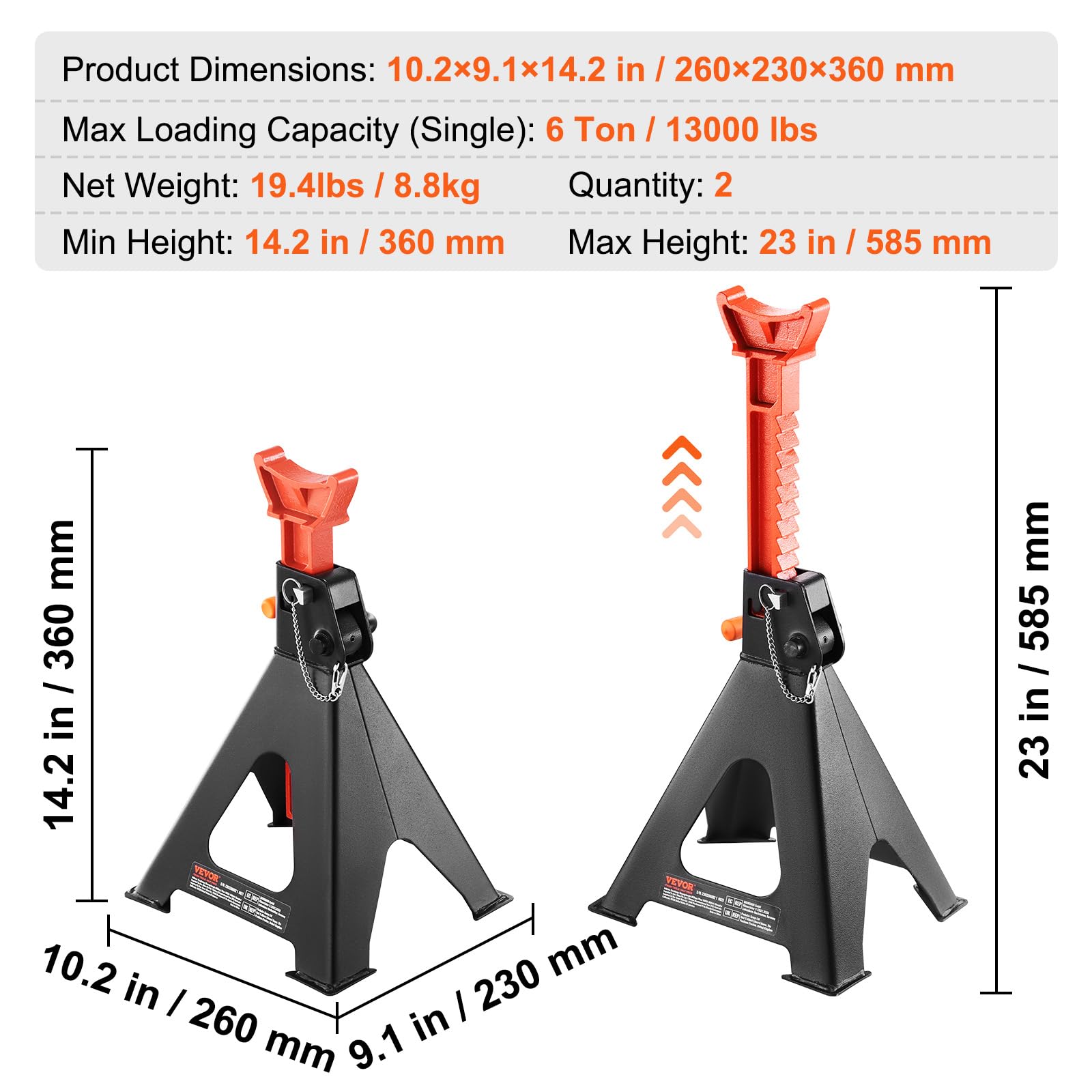 VEVOR 6 Ton (13,000 lbs) Capacity Heavy Duty Jack Stands - Double Locking Safety, 14.2-23 Inch Adjustable Height - for SUV, Pickup Truck, Car & UTV/ATV Vehicle Maintenance & Repair - Red (1 Pair)
