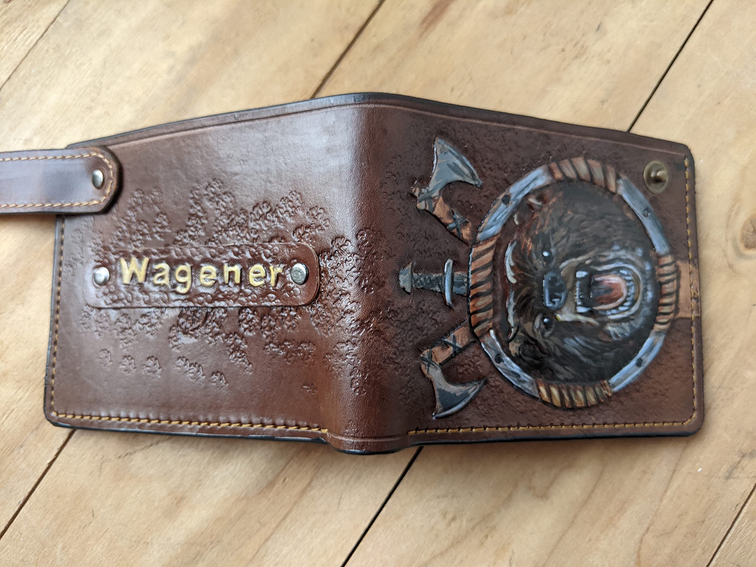 **Handmade 3D Genuine Leather Bifold Wallet for Men - Axe, Sword & Bear Hunting Themed Carved Design - Custom Personalized Airbrush Art Wallet for Outdoor Enthusiasts & Gift Ideas**    *(Perfect for Hunters, Camping, Outdoor Adventures & Unique Gifts for Men)*