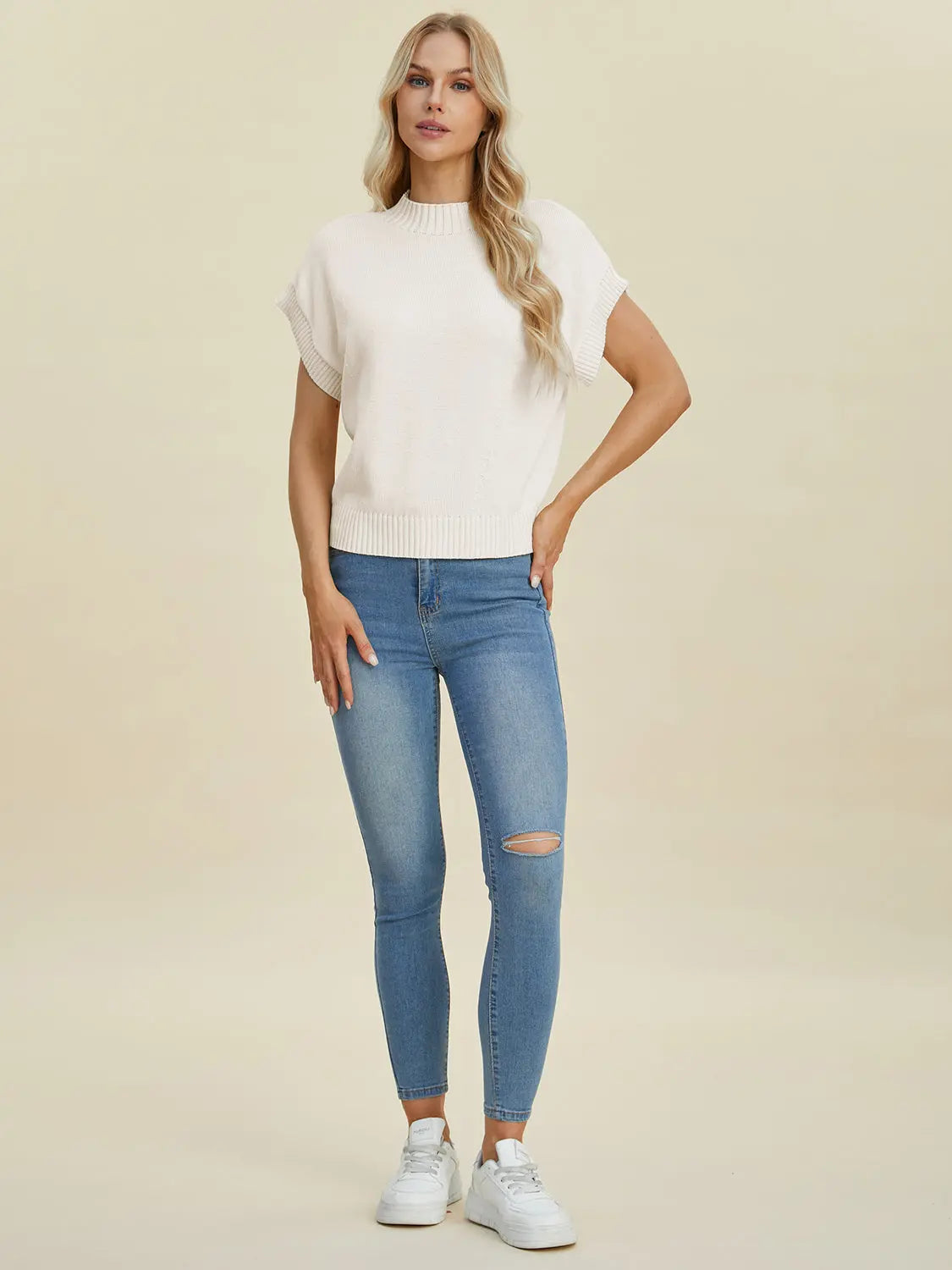 Double Take Full Size Mock Neck Short Sleeve Sweater for Women - Soft Knit Pullover Top for Casual Wear & Office Outfits | Perfect for Fall & Winter Layering