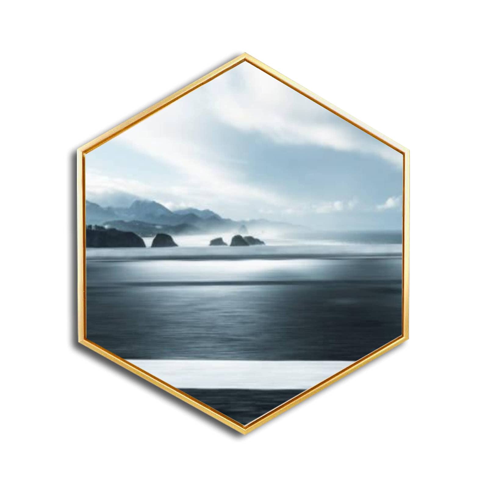 Golden Framed Seaside Road Canvas Wall Art - Minimalist Modern Hexagon Giclee Prints for Home & Office Decor - Ready to Hang Wall Decor for Living Room, Bedroom & Workspace