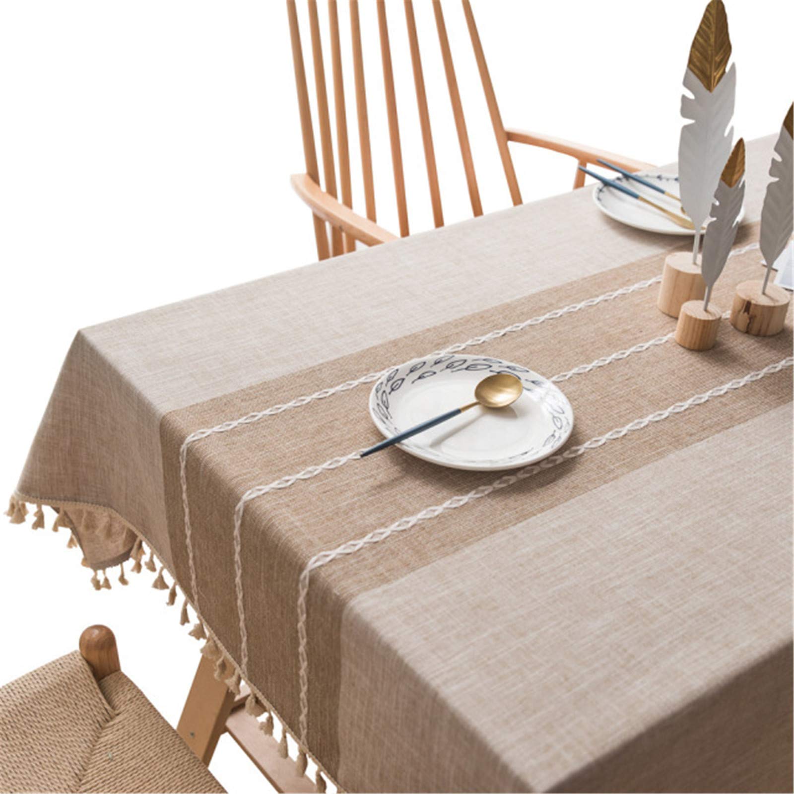 Premium Cotton Linen Embroidered Tablecloth with Tassel Trim - Light Coffee Rectangle Table Cover 55x86 Inch for Dining Room, Kitchen, Party & Home Decor - Perfect for Holiday Gatherings, Weddings and Everyday Use