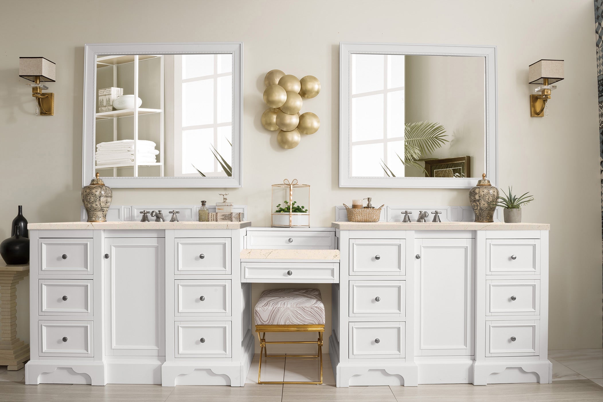 De Soto 118 Double Vanity Set with Makeup Table - Bright White Finish & 3CM Eternal Marfil Quartz Top - Perfect for Master Bathroom, Bedroom Dressing Area & Luxury Home Decor