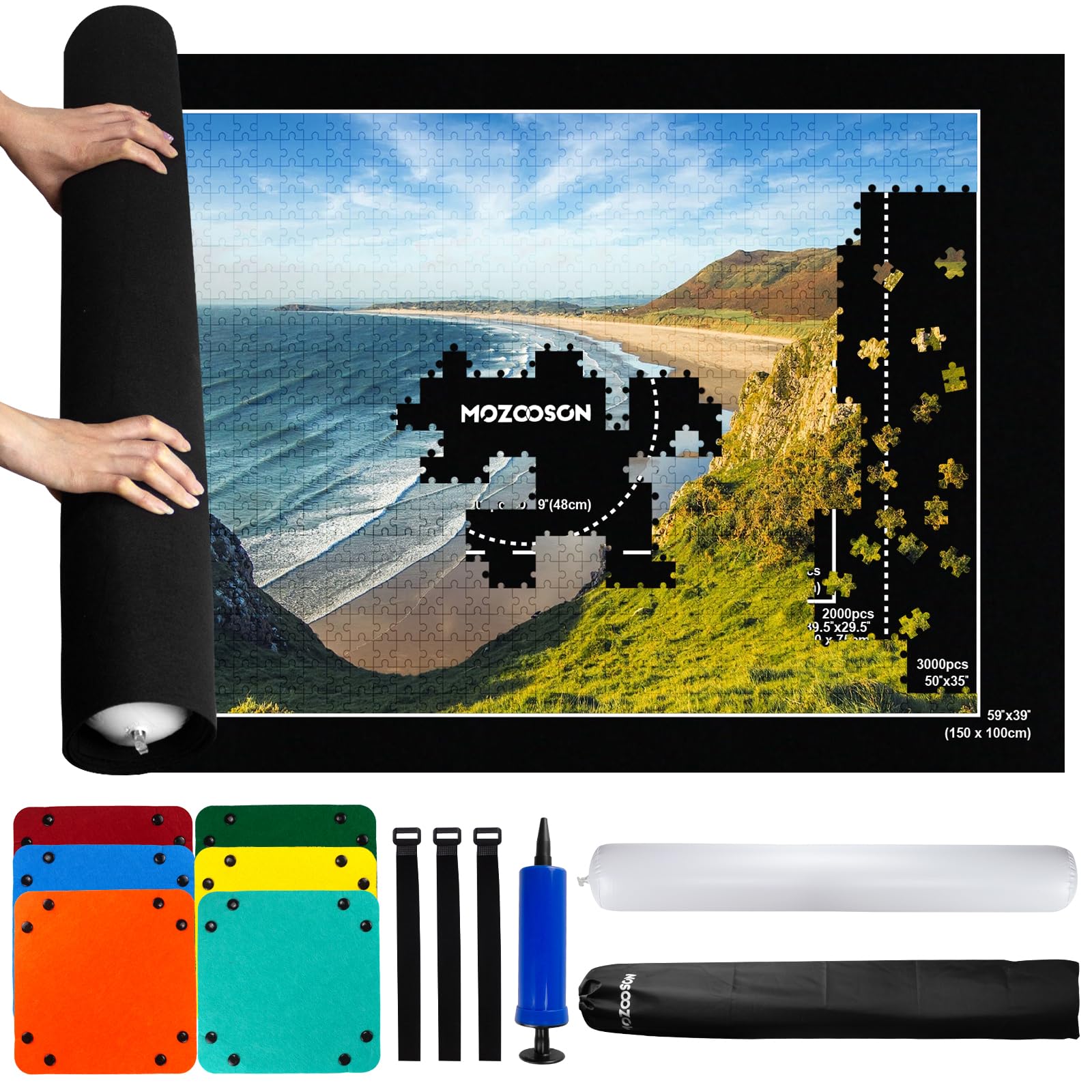 MOZOOSON Jigsaw Puzzle Mat - 3000, 2000, 1500 Piece Puzzle Roll Up Mat with Storage Bag | Portable Puzzle Board for Adults & Kids | Perfect for Travel, Home, and Puzzle Storage