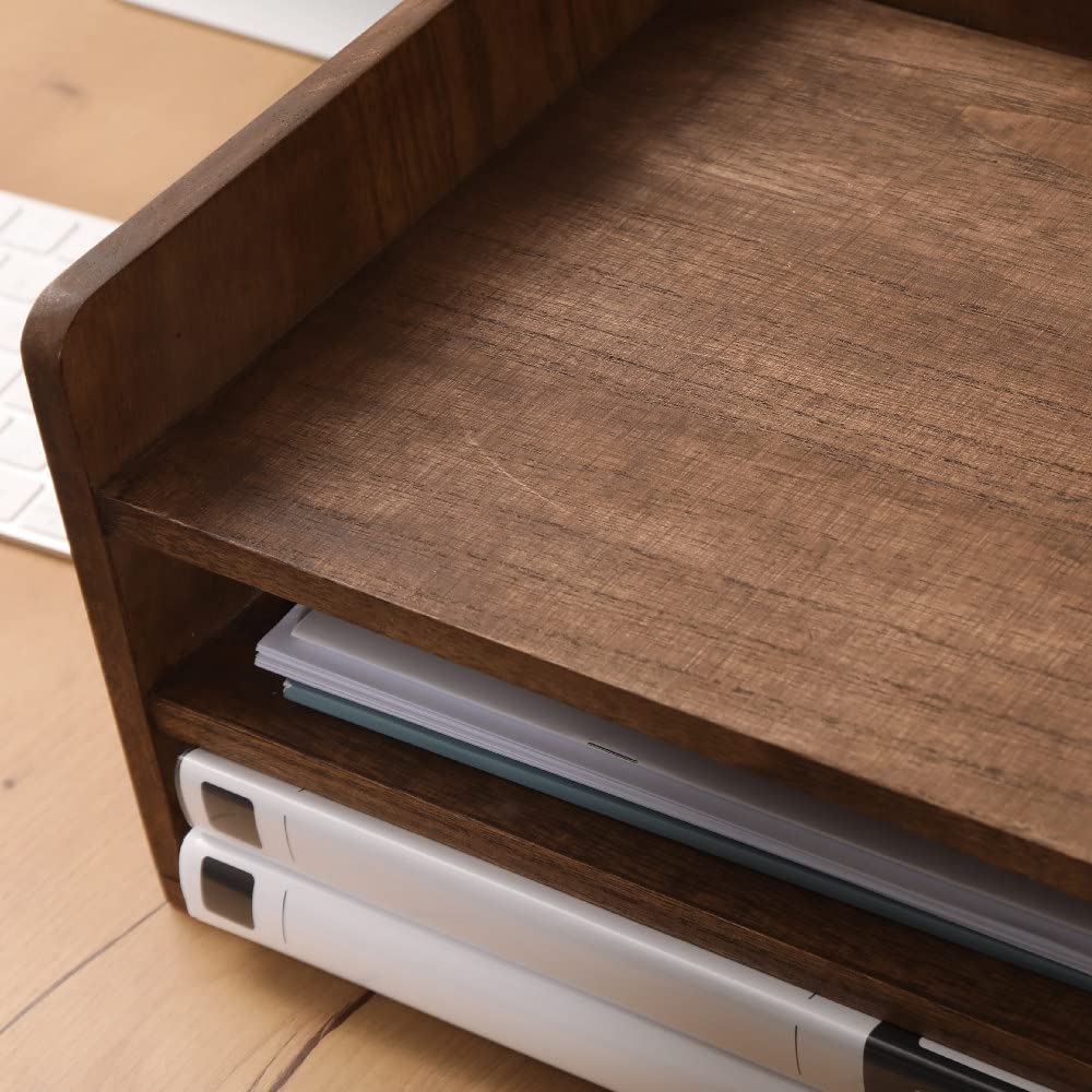 Wooden Desk Organizer with 3-Tier Paper Tray & Vertical File Compartment - Office Document Storage Rack for Files, Folders & Mail - Perfect for Home Office, Workspace & School Organization (Dark Brown)