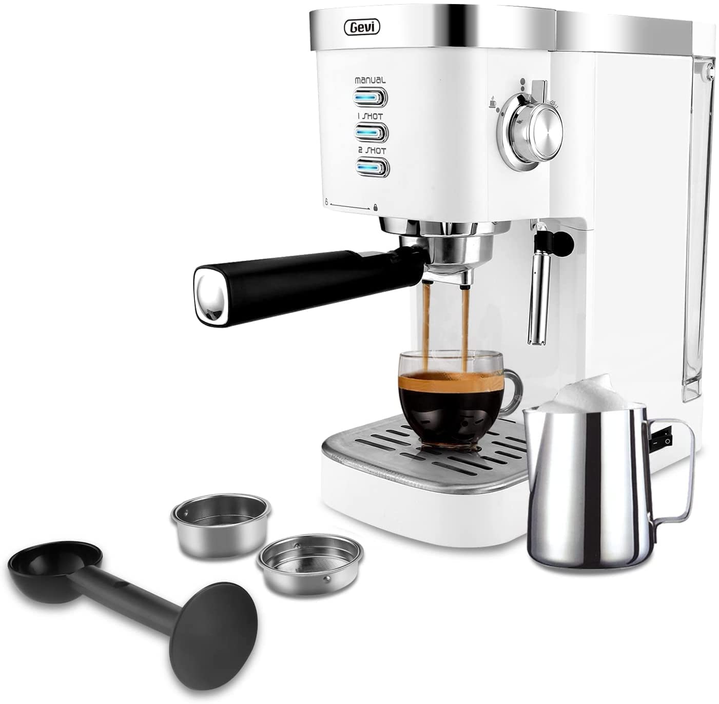 Gevi 20 Bar Espresso Machine with Milk Frother - Fast Heating Automatic Cappuccino Maker for Espresso, Latte & Macchiato - 1.2L Water Tank, 1350W, White - Perfect for Home, Office & Coffee Shops