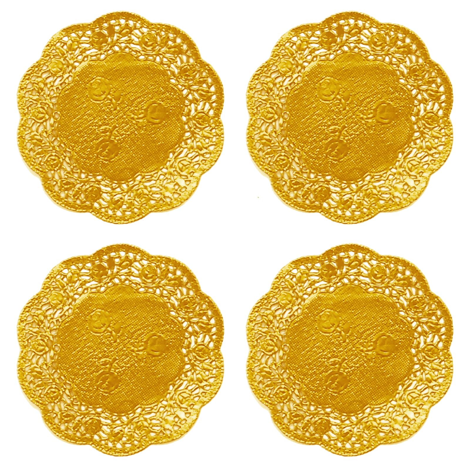 50 Pack 3.5 Inch Gold Lace Paper Doilies - Elegant Disposable Round Placemats for Cake, Dessert, Wedding & Birthday Party Decorations - Perfect for Table Settings, Craft Projects and Special Occasions