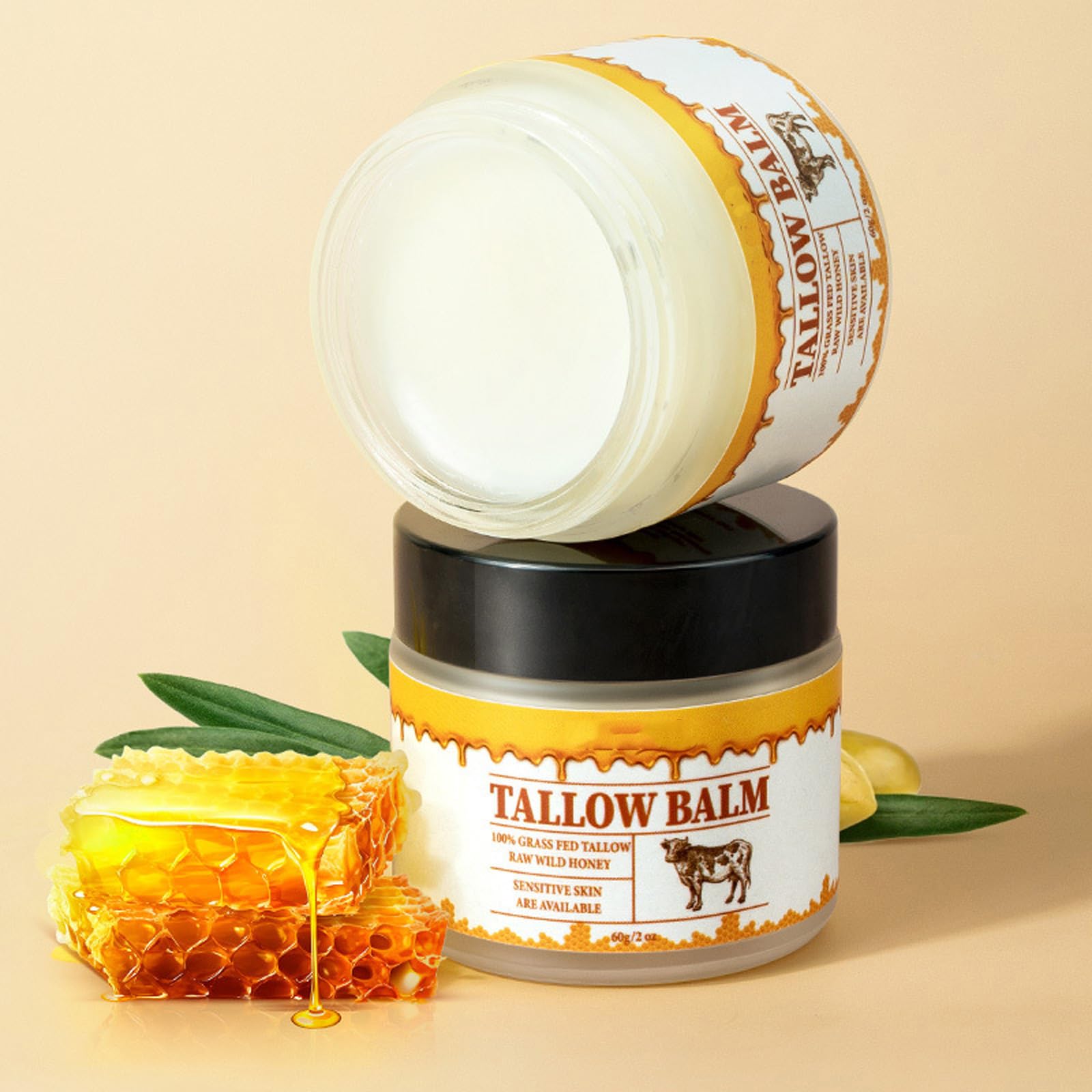Organic Tallow Honey Balm - Face & Body Cream with Wild Honey & Olive Oil for Dry Skin Care