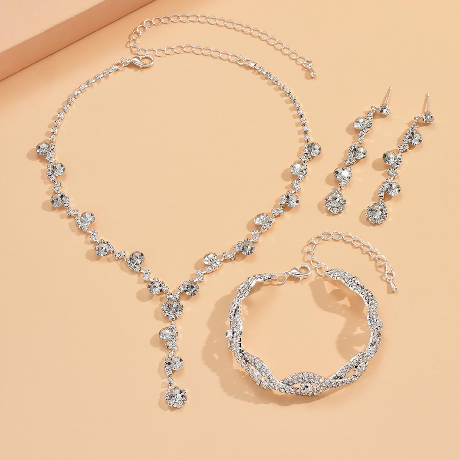 Elegant Silver Rhinestone Wedding Jewelry Set for Brides & Bridesmaids - Necklace, Earrings & Bracelet Set | Formal Costume Jewelry for Women | Perfect for Weddings, Proms & Special Occasions