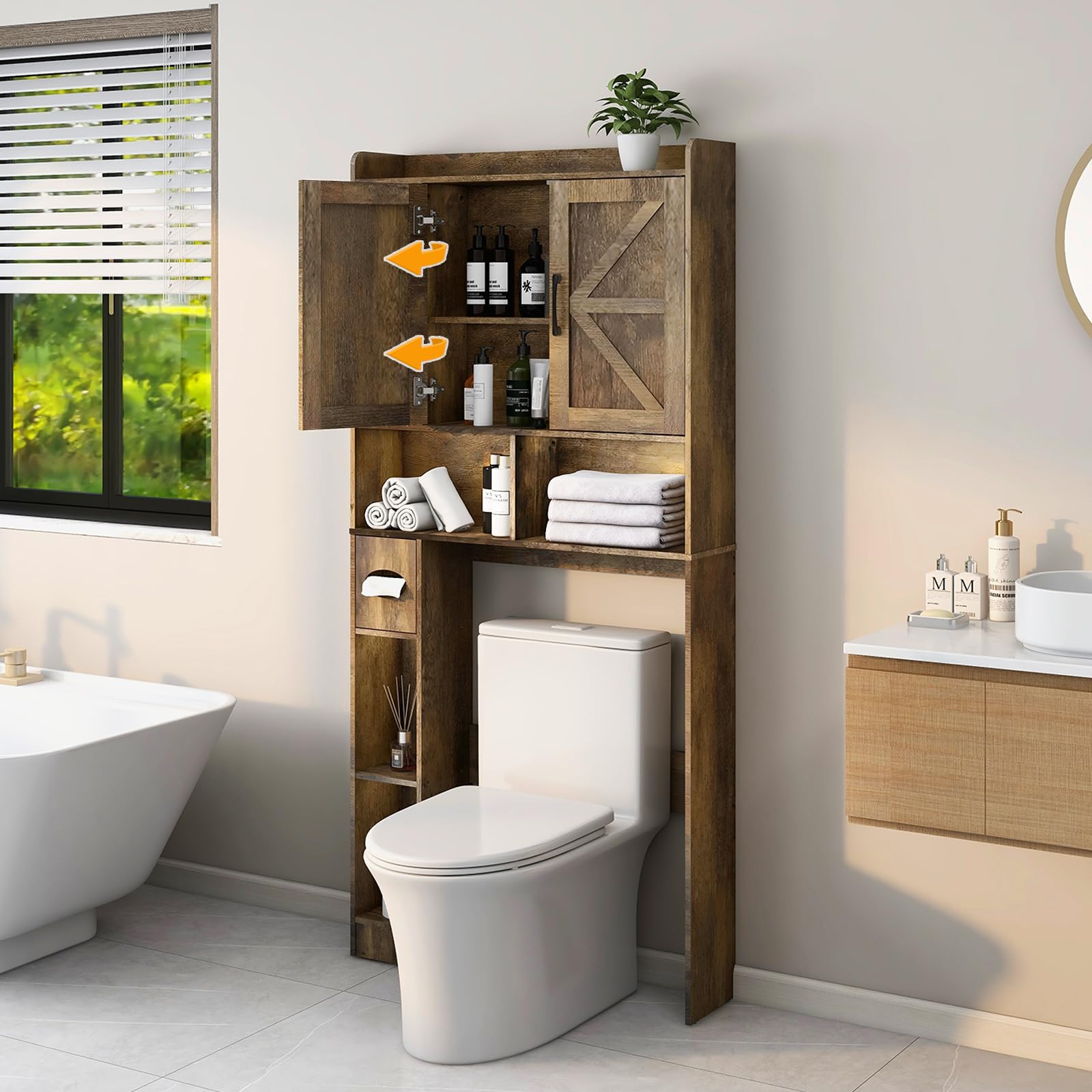 Farmhouse Over The Toilet Storage Cabinet with 2 Barn Doors & Toilet Paper Holder - Space-Saving Bathroom Organizer for Restroom, Laundry, and Small Spaces - Perfect for Towels, Toiletries, and Decorative Storage