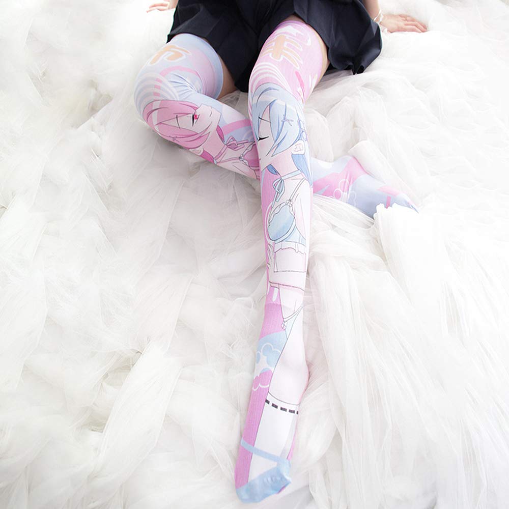 YOMORIO Anime Cosplay Stockings - Rem and Ram Cute Knee High Socks for Costume, Halloween, Conventions & Kawaii Fashion Outfits