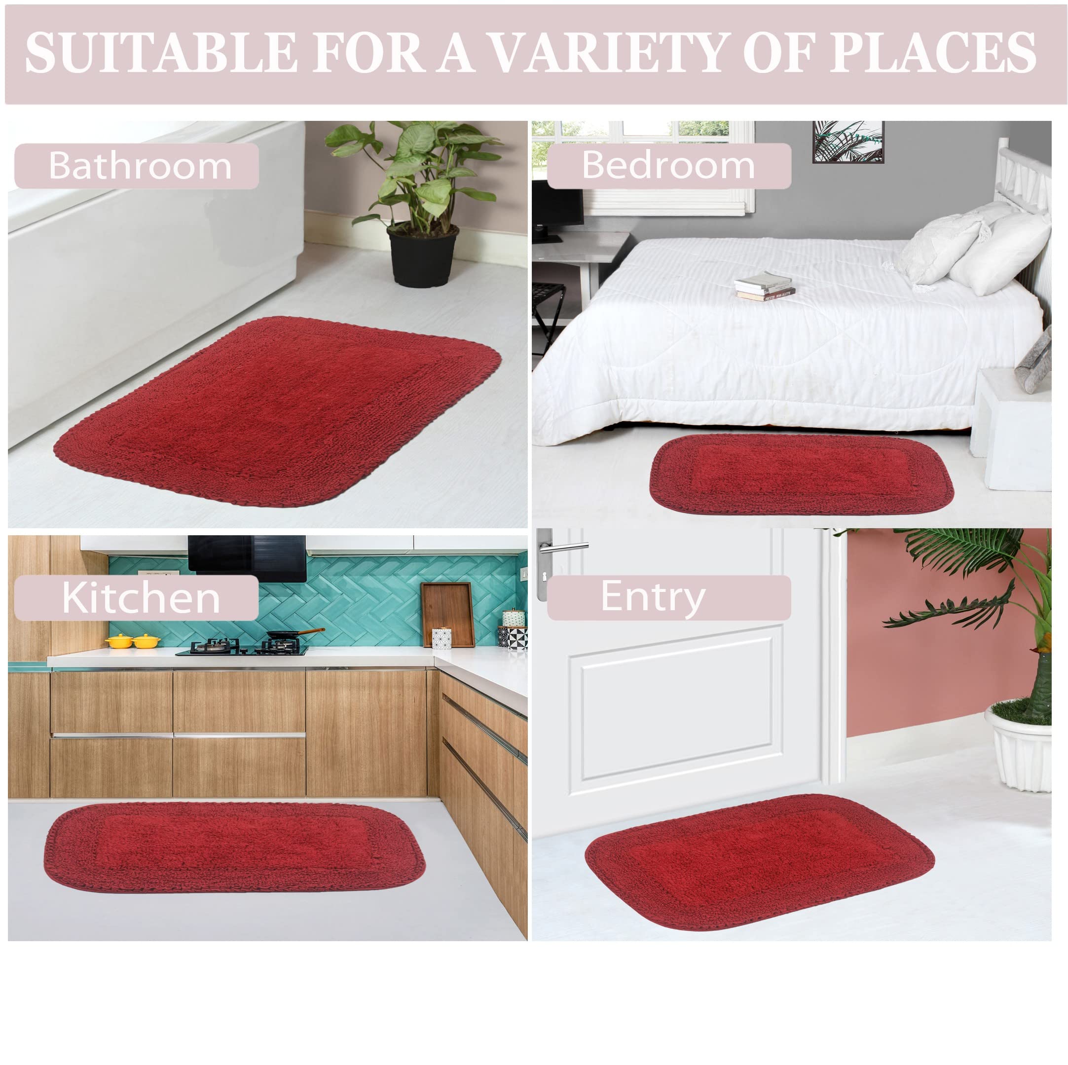 Home Weavers Radiant Collection 100% Cotton Bathroom Rugs Set - Ultra Soft, Absorbent & Washable Non-Slip Bath Mat for Bathroom & Kitchen - 4 Piece Set with Runner in Red - Perfect for Bathroom Safety, Kitchen Comfort & Home Decor