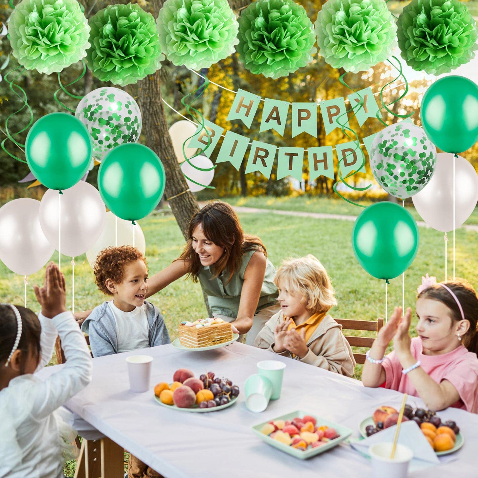 Green Birthday Party Decorations Kit - Happy Birthday Banner, Spiral Charm, Paper Flower Ball, Latex & Confetti Balloons for Girls & Boys Birthday Party Supplies | Perfect for Indoor/Outdoor Birthday Celebrations, Baby Showers & Special Events