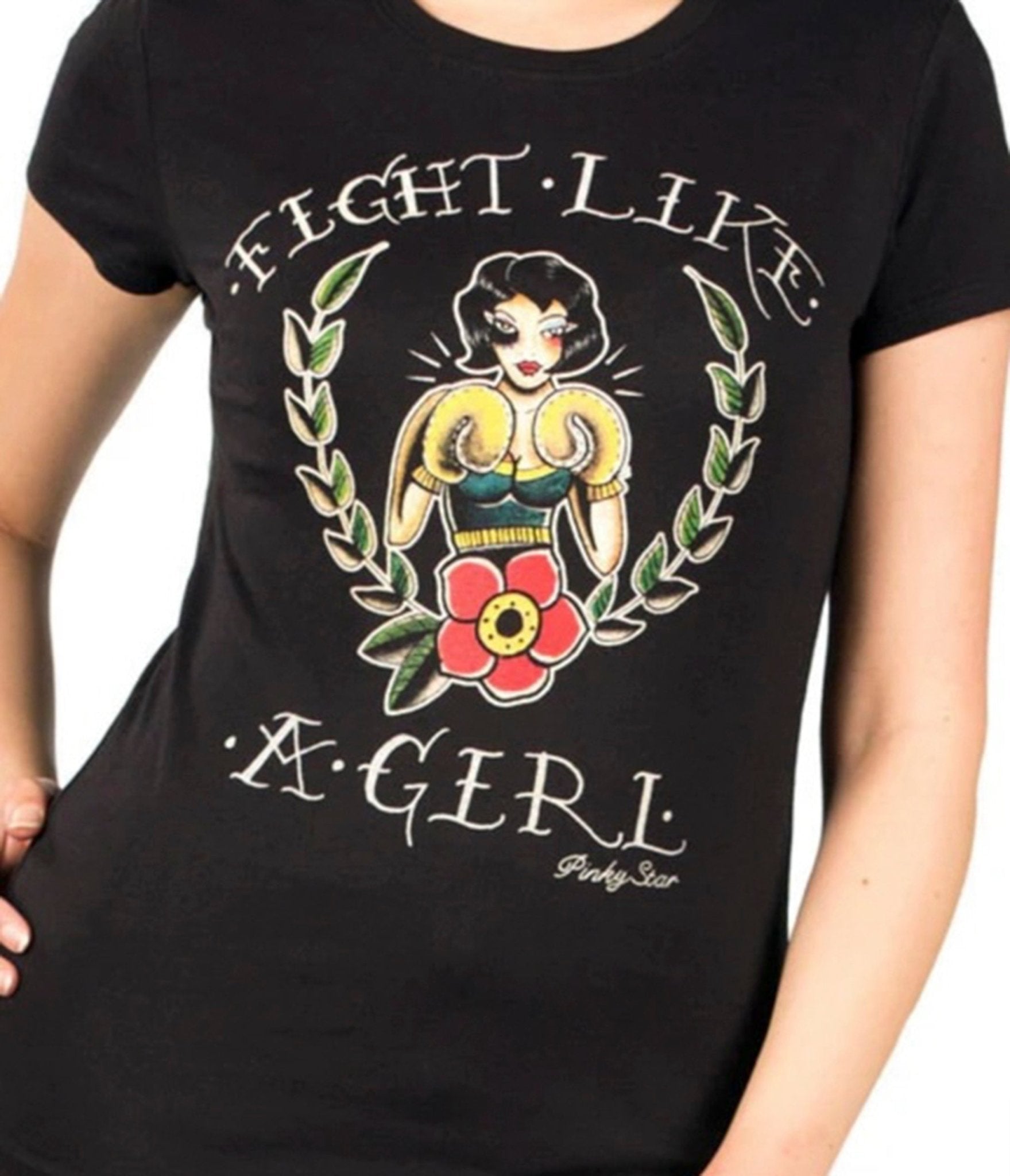 Fight Like A Girl Tattoo Pinup Graphic Tee - Pinky Star Women's Vintage Style T-Shirt for Feminist Empowerment & Casual Outfits