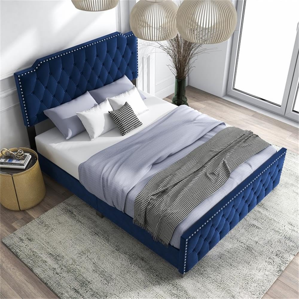 Furniture of America Chetana Navy Blue Tufted Full Upholstered Wood Bed Frame - Queen Size Platform Bed with Solid Wood Legs for Modern Bedroom Decor