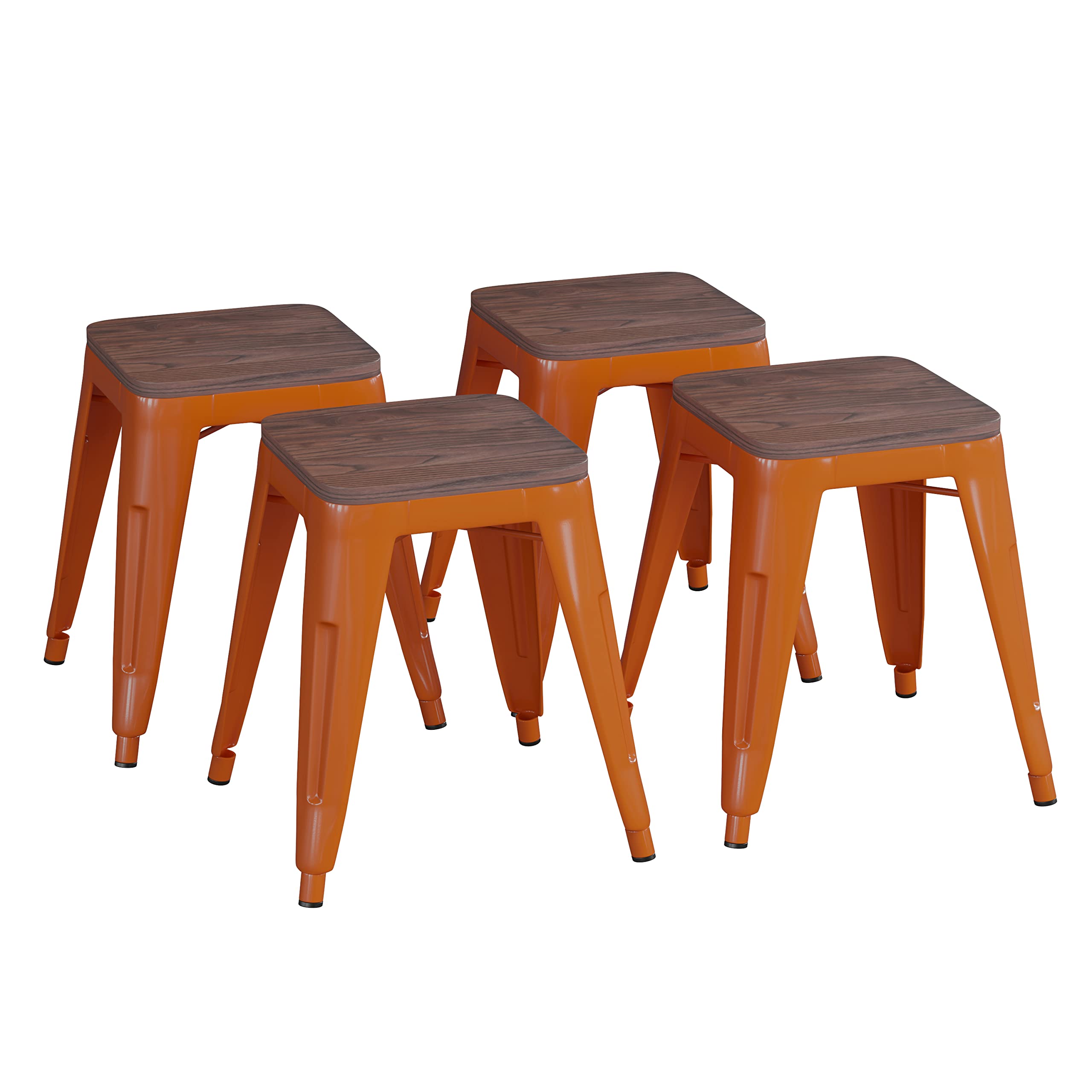 Commercial Grade Metal Dining Table Height Stool with Wooden Seat - Set of 4 Backless Orange Stackable Bar Stools 18
