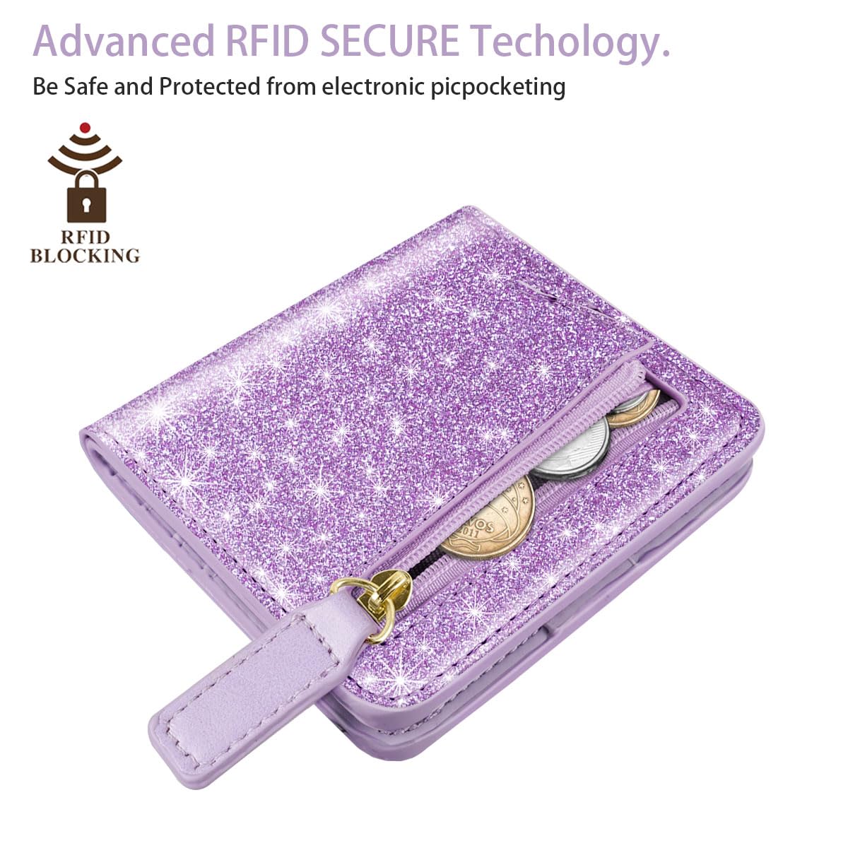 Women's Small RFID Blocking Leather Wallet - Compact Bifold Credit Card Holder with ID Window & Coin Slot - Cute Mini Purse for Everyday Use (Glitter Purple)