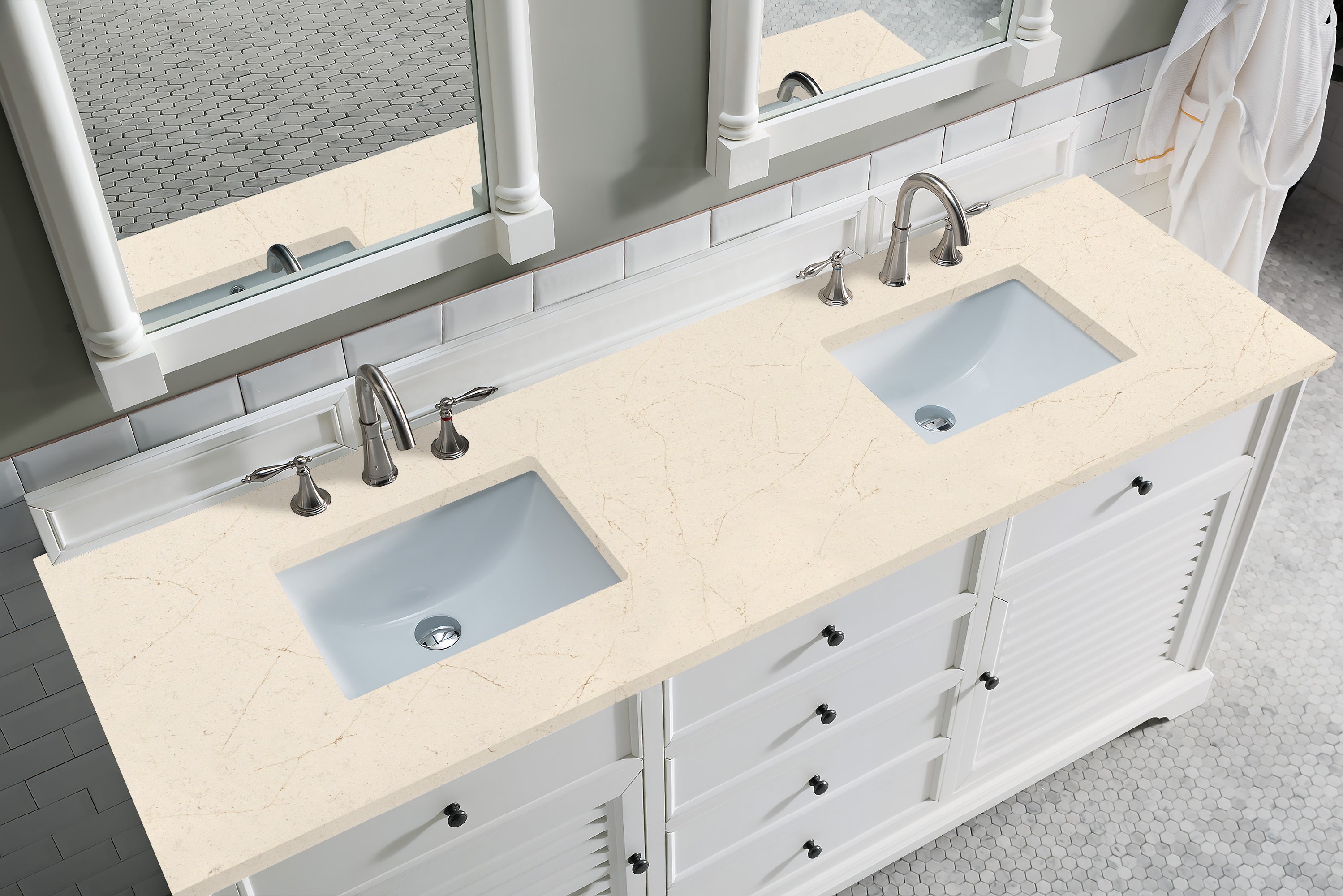 Savannah 72-Inch Double Vanity Cabinet with 3CM Eternal Marfil Quartz Top in Bright White - Perfect for Master Bathroom & Luxury Home Renovation