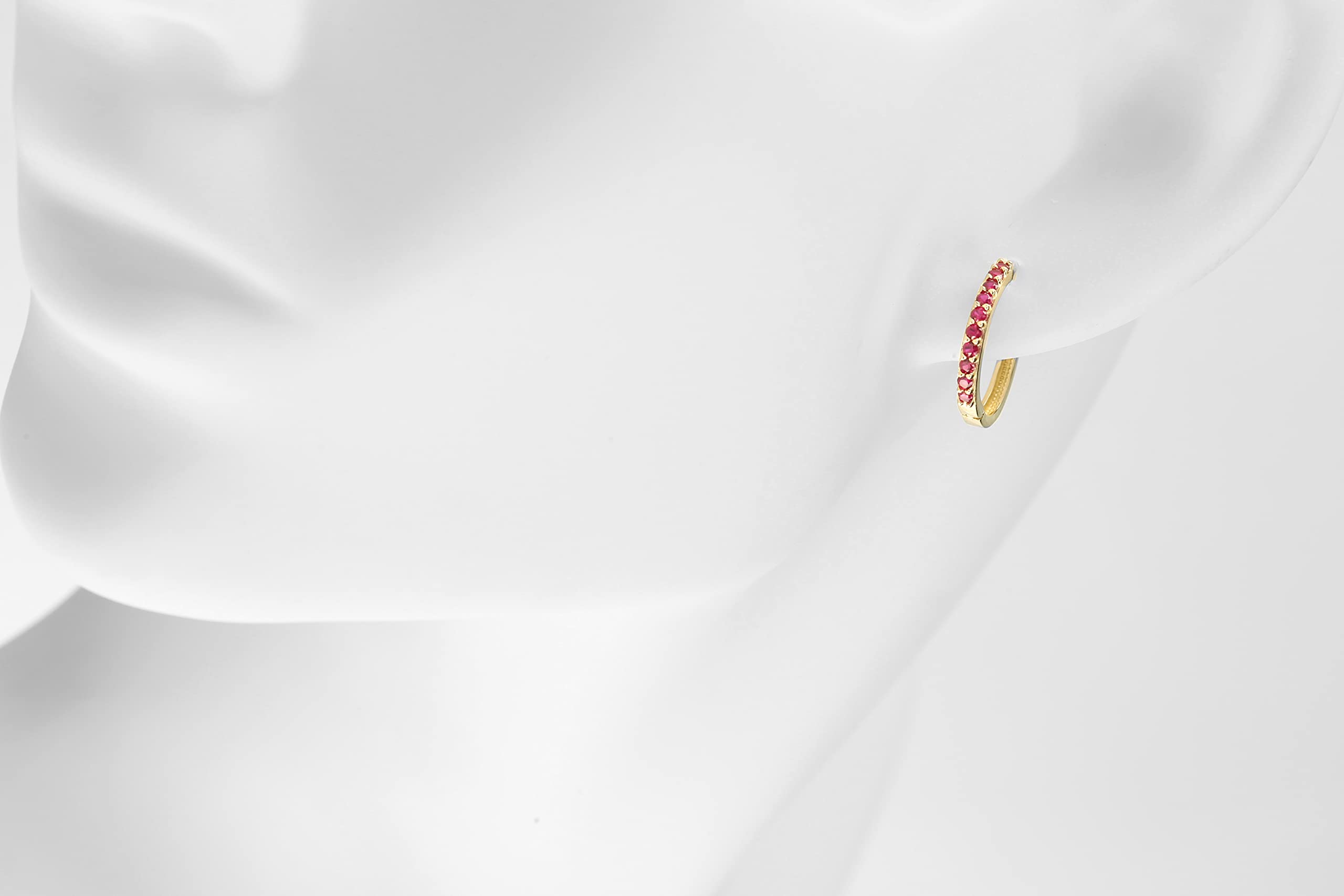 9ct Yellow Gold Ruby Hoop Huggie Earrings - 15mm Diameter | Elegant Dainty Stud Earrings for Women | Perfect for Parties, Weddings & Everyday Wear