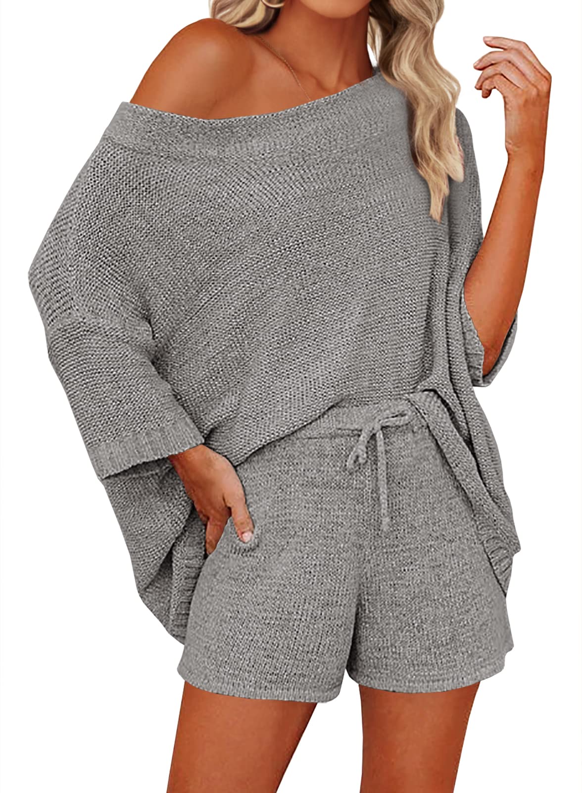 Mafulus Women's 2 Piece Sweater Set - Off Shoulder Knit Top & Shorts Matching Lounge Suit | Cute Pajama Set for Sleepwear, Loungewear & Home Relaxation