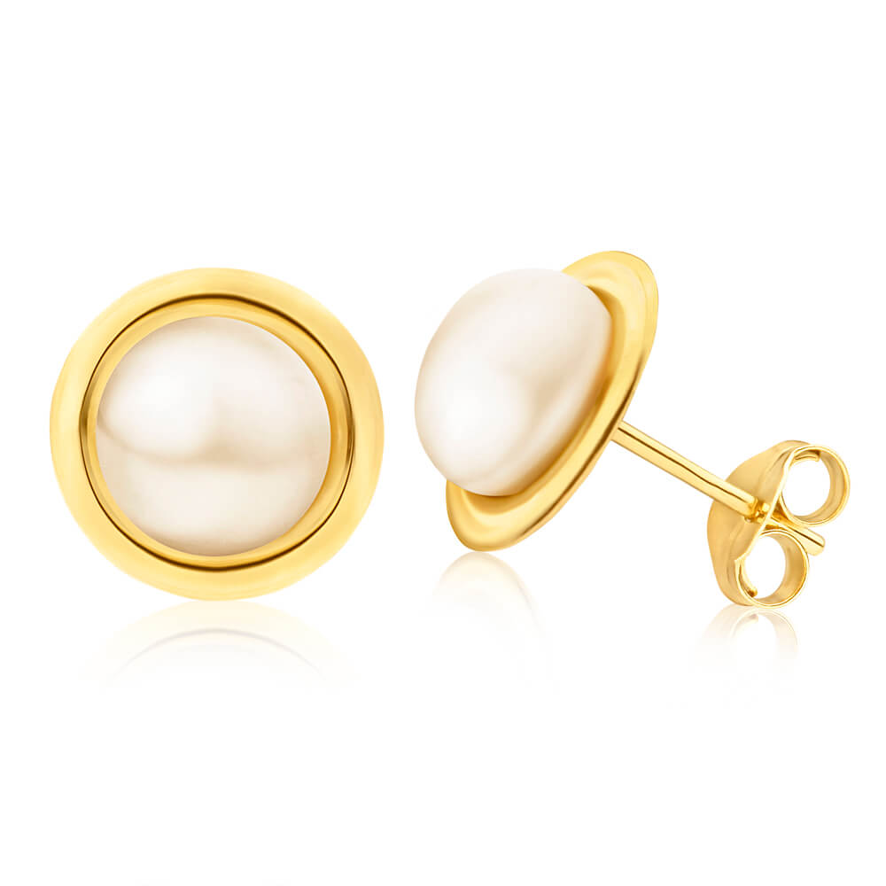 9ct Yellow Gold 7mm Freshwater Pearl Stud Earrings for Women - Classic Elegant Jewelry Gift for Wedding, Anniversary & Everyday Wear