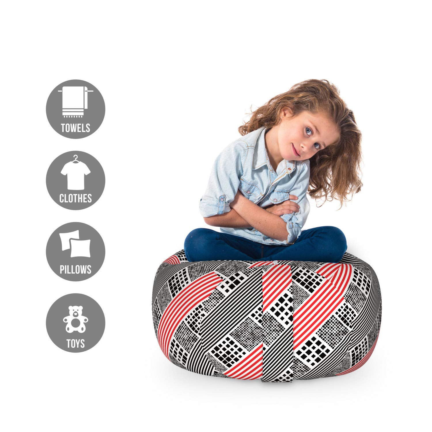 Ambesonne Abstract Toy Storage Bag Chair - Diagonal Stripes & Squares Pattern, Washable Stuffed Animal Organizer for Kids Room - Small Size in Vermilion & Charcoal Grey - Perfect for Playroom, Bedroom & Nursery Organization
