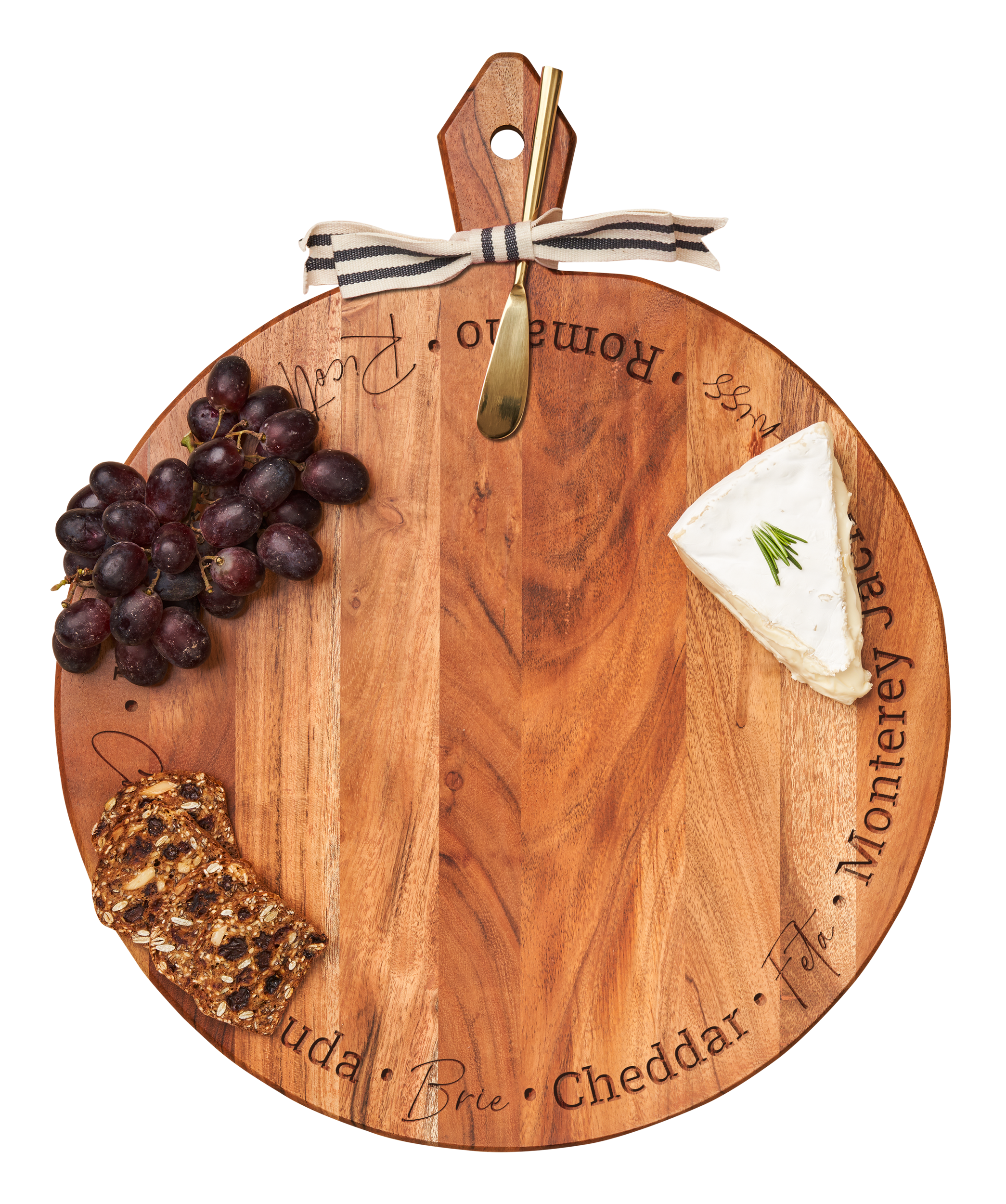 Acacia Wood Heirloom Cheese Board with Handle - Round Charcuterie Tray with Gold Spreader & Gray White Ribbon - 20 x 16 x 0.6 inches - Perfect for Wine Parties, Cheese Tasting, and Elegant Entertaining