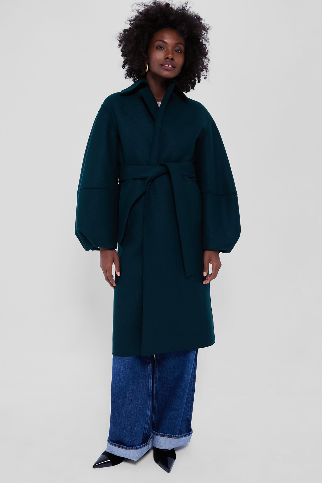 Elegant Bottle Green Puffed Sleeve Wool Coat for Women - Winter Fashion Outerwear for Office, Dating & Special Occasions