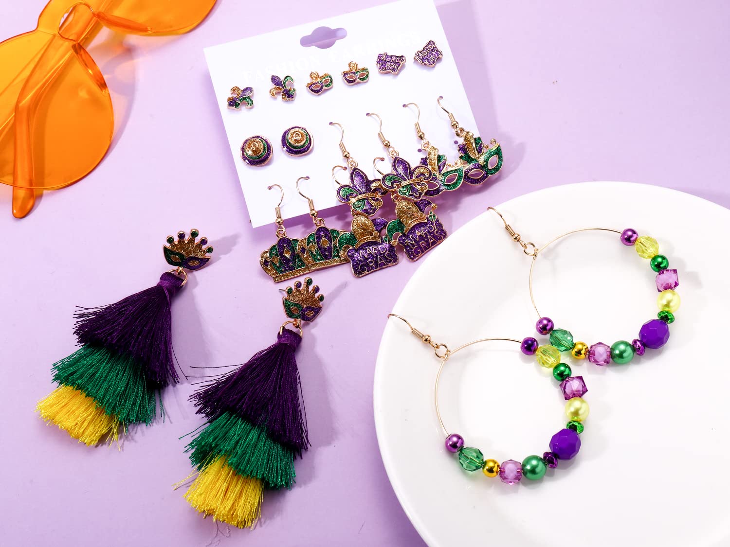 NLCAC Mardi Gras Earrings Set for Women - Glitter Mask, Fleur De Lis Stud, Beaded Jester & Hoop Tassel Dangle Earrings - Carnival Party, Parade & Costume Jewelry Gifts - Perfect for Festivals, Themed Parties & Costume Accessories