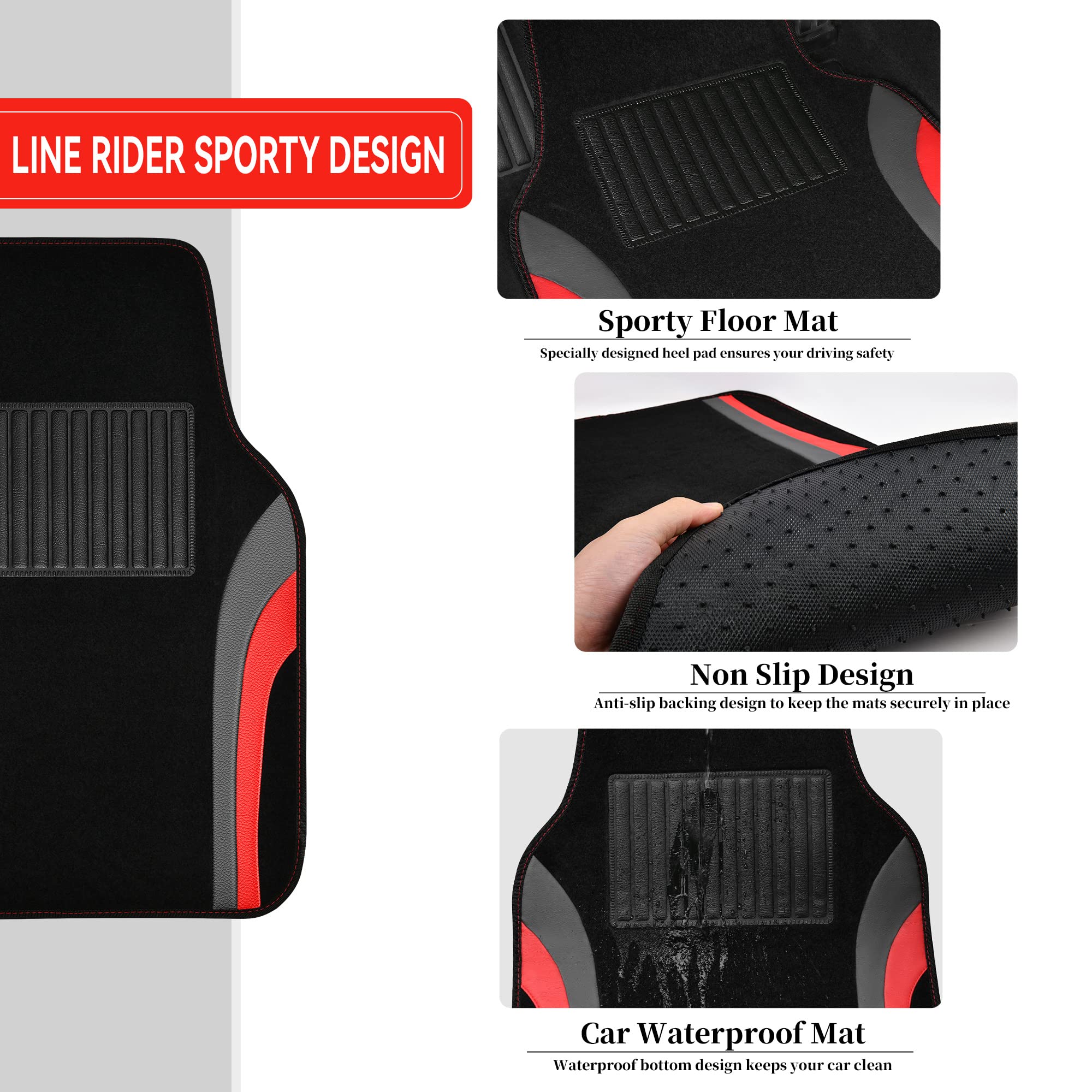 Premium CAR PASS Leather Sporty Car Floor Mats - Universal Waterproof Automotive Floor Liners for Sedans, SUVs, Trucks & Vans - 4-Piece Set (Black/Red) - Perfect for Daily Commuting, Road Trips & All-Weather Protection