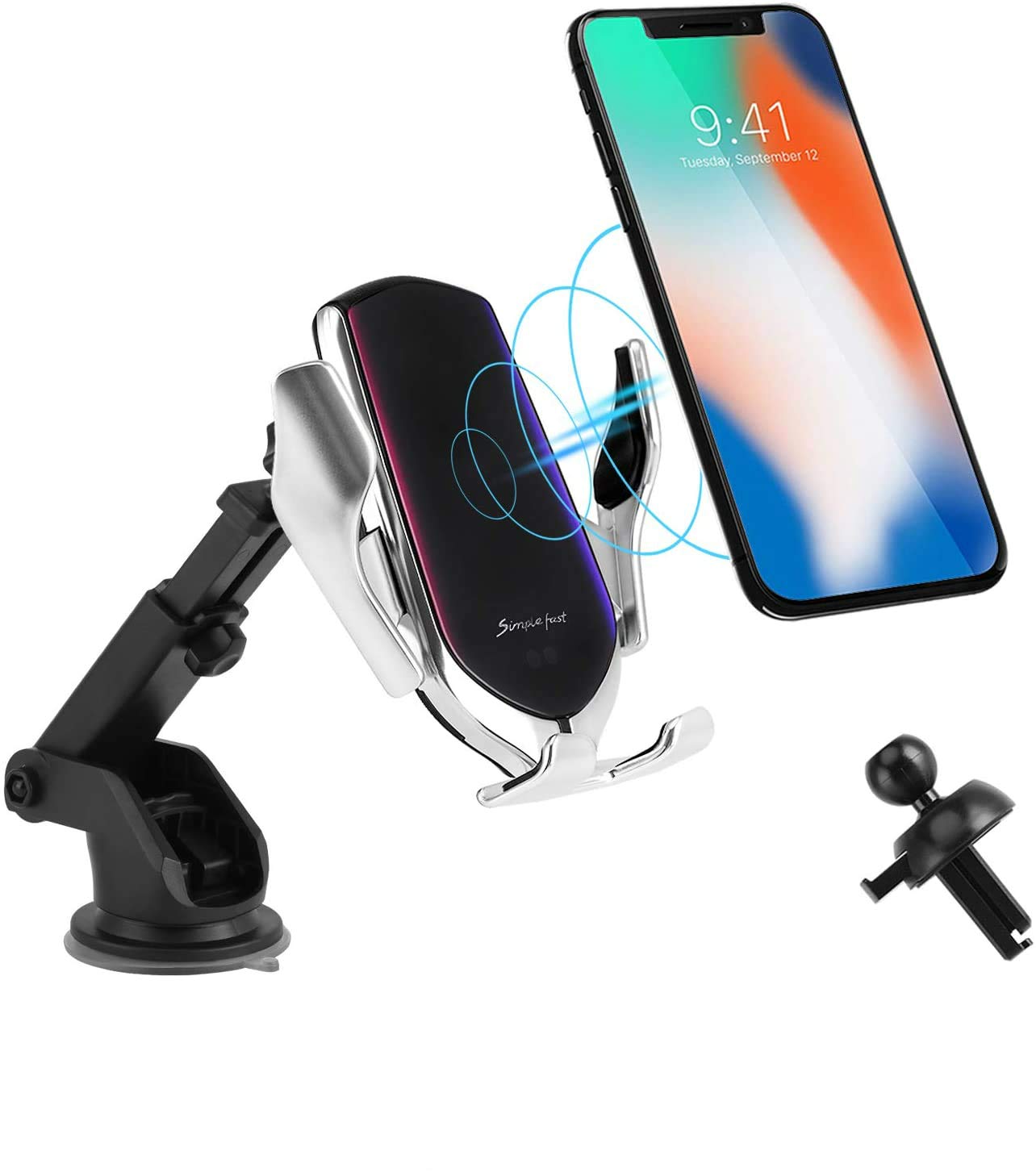 15W Fast Wireless Car Charger Mount - Auto Clamping Phone Holder for iPhone 13/12/11/XS/XR/X/8 & Samsung S21/S20/S10/Note10/Note9 - Dashboard & Air Vent Compatible - Perfect for Road Trips & Daily Commuting
