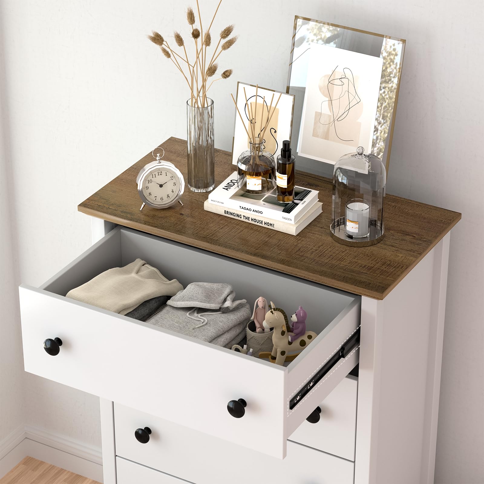 HIFYOBRO 5-Drawer Dresser with Double Anti-Tip Safety, White Wooden Chest of Drawers for Bedroom, Living Room & Entryway - Sturdy Storage Solution for Clothes, Toys & Home Organization