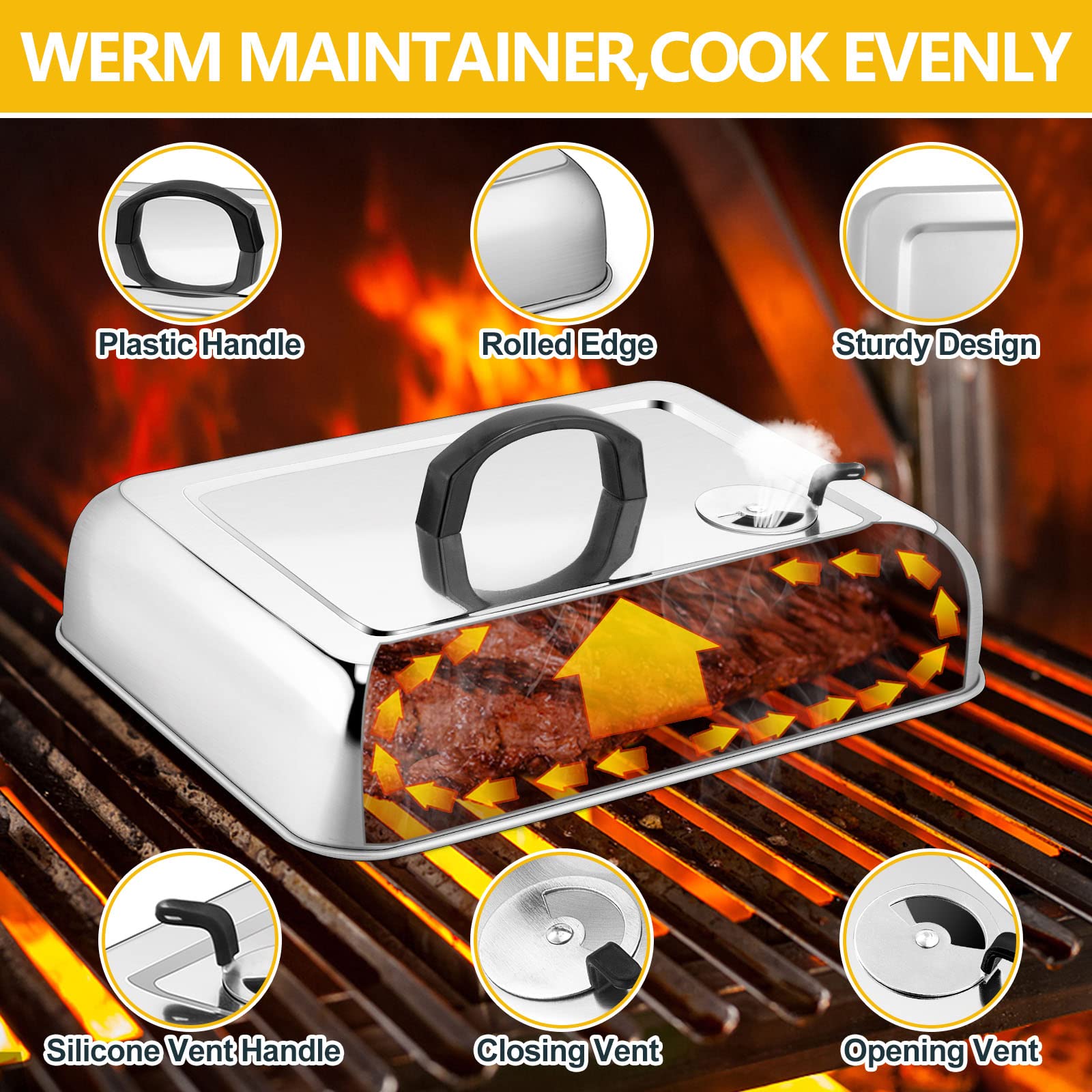 Leonyo 13-Inch Rectangular Basting Cover with 11x9-Inch Cooling Rack - Cheese Melting Dome & Wire Rack for Baking, Griddle Accessories with Steam Dome Lids - Perfect for Oven, BBQ, Flat Top Grill Cooking - Ideal for Restaurants, Home Kitchens & Outdoor Cooking
