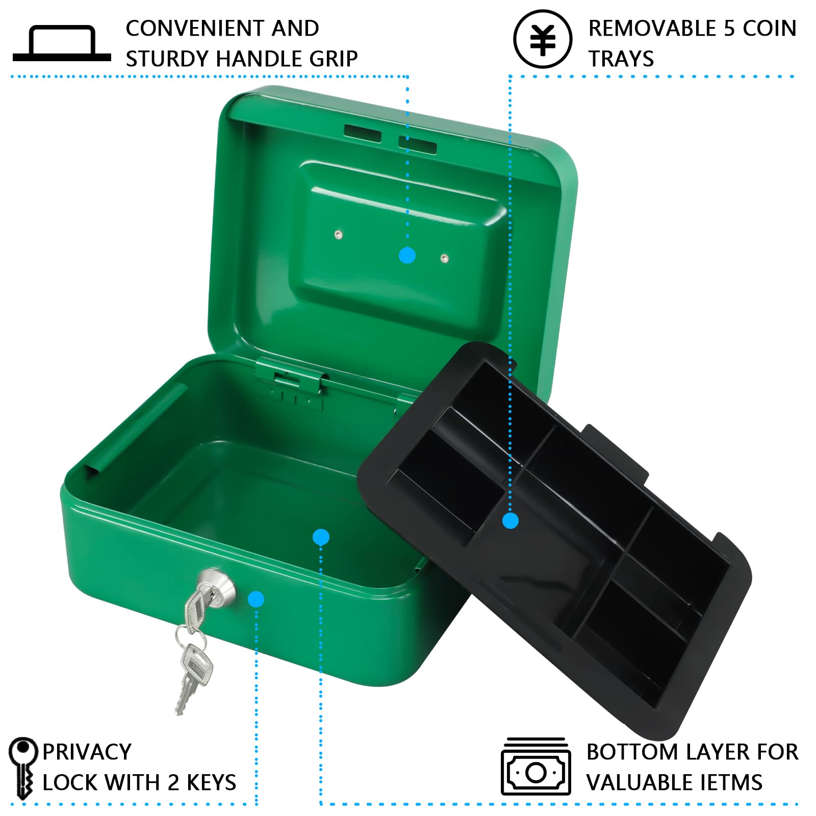 KYODOLED Medium Cash Box with Money Tray & Key Lock - 7.87