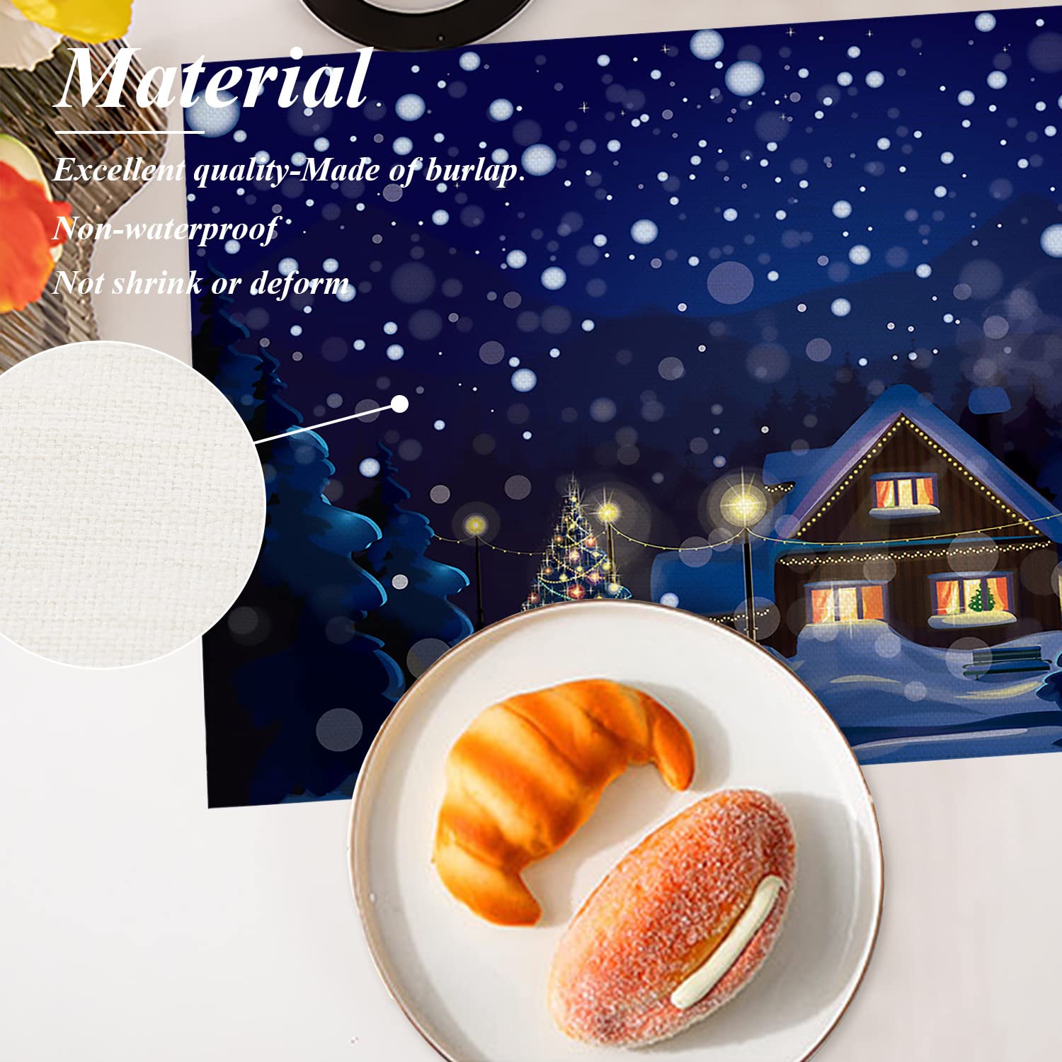 Shrahala Christmas Placemats Set of 4 - 12x18 Inch Winter Wonderland Holiday Table Mats, Washable Linen Burlap Double-Layer Heat Insulation for Dining & Kitchen Tables | Perfect for Christmas Dinner, Holiday Parties & Festive Home Decor