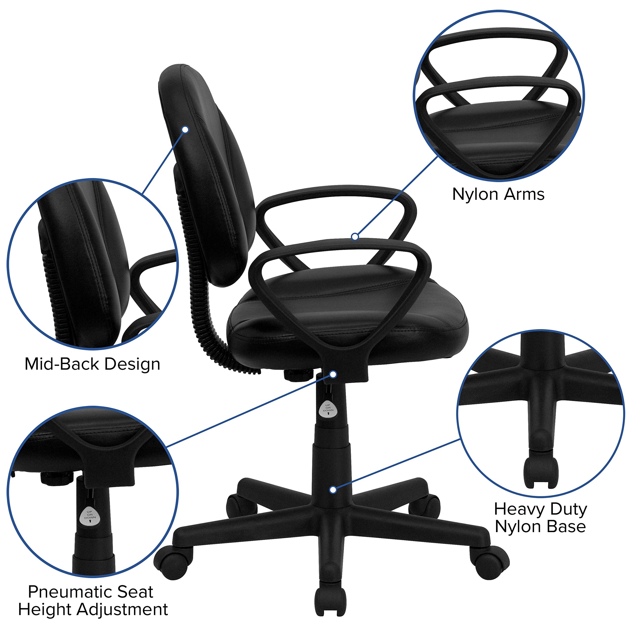 Flash Furniture Ronald Mid-Back Black LeatherSoft Swivel Ergonomic Office Chair with Adjustable Back Depth & Arms - Perfect for Home Office, Gaming & Workspace Comfort