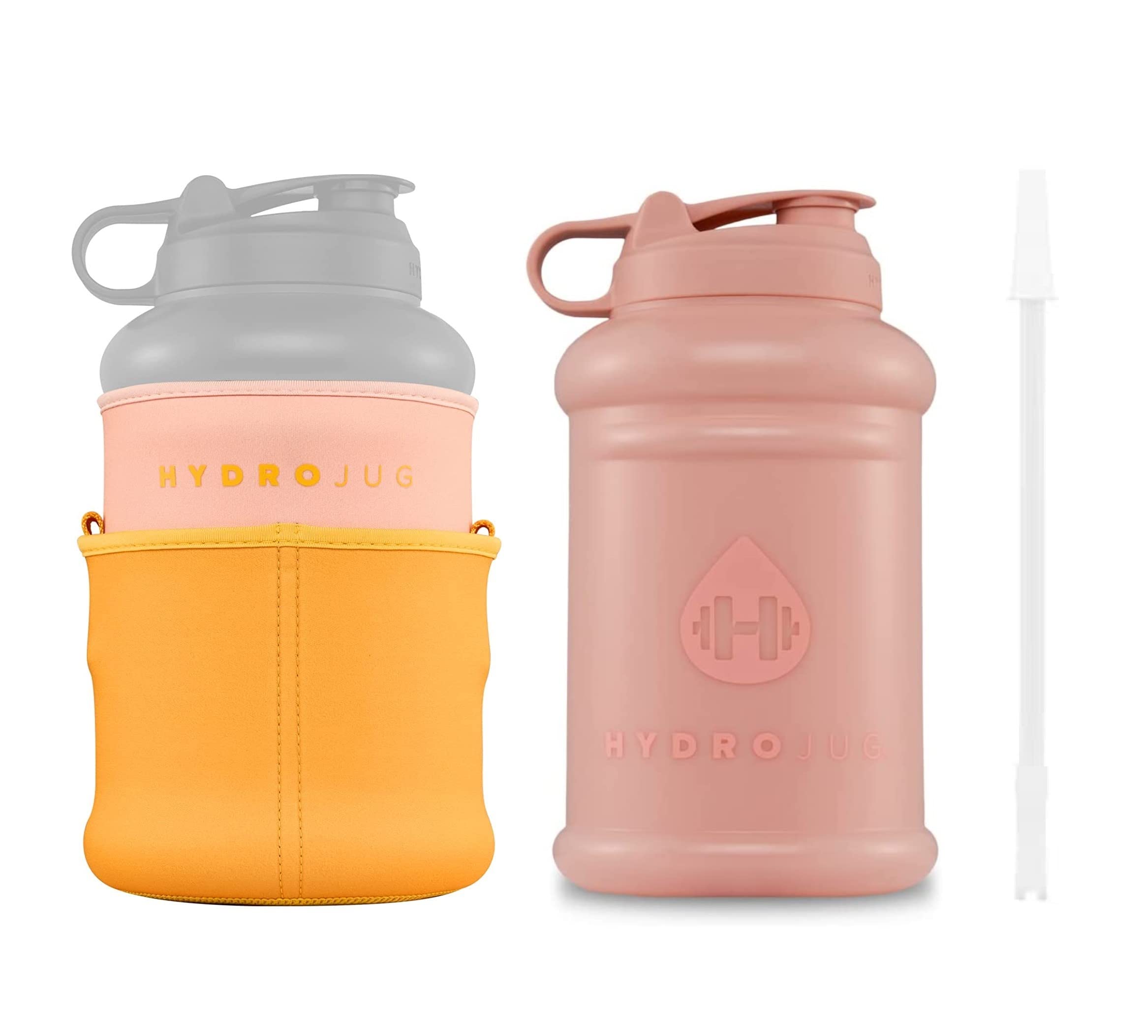 HydroJug 64oz Half Gallon Water Bottle with Handle - BPA Free, Reusable & Durable Water Jug with Insulating Neoprene Sleeve & Straw - Perfect for Gym, Hiking, Office and Outdoor Activities (Nude, Blush & Mustard)