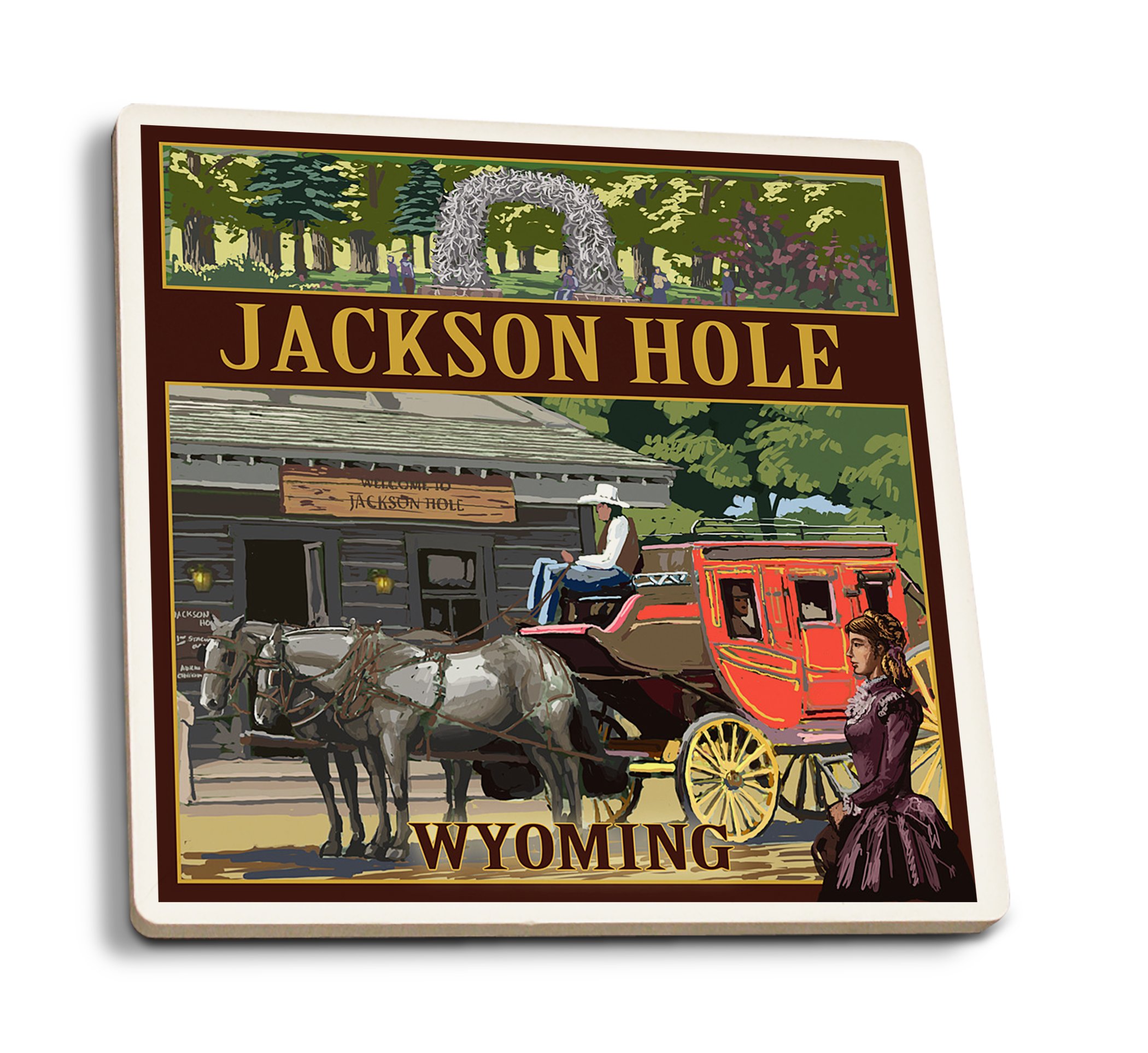 Jackson Hole Wyoming Stagecoach Absorbent Ceramic Coasters Set of 4 - Western Theme Kitchen Decor with Cork Backing - Perfect for Coffee Tables, Bars, and Home Entertaining