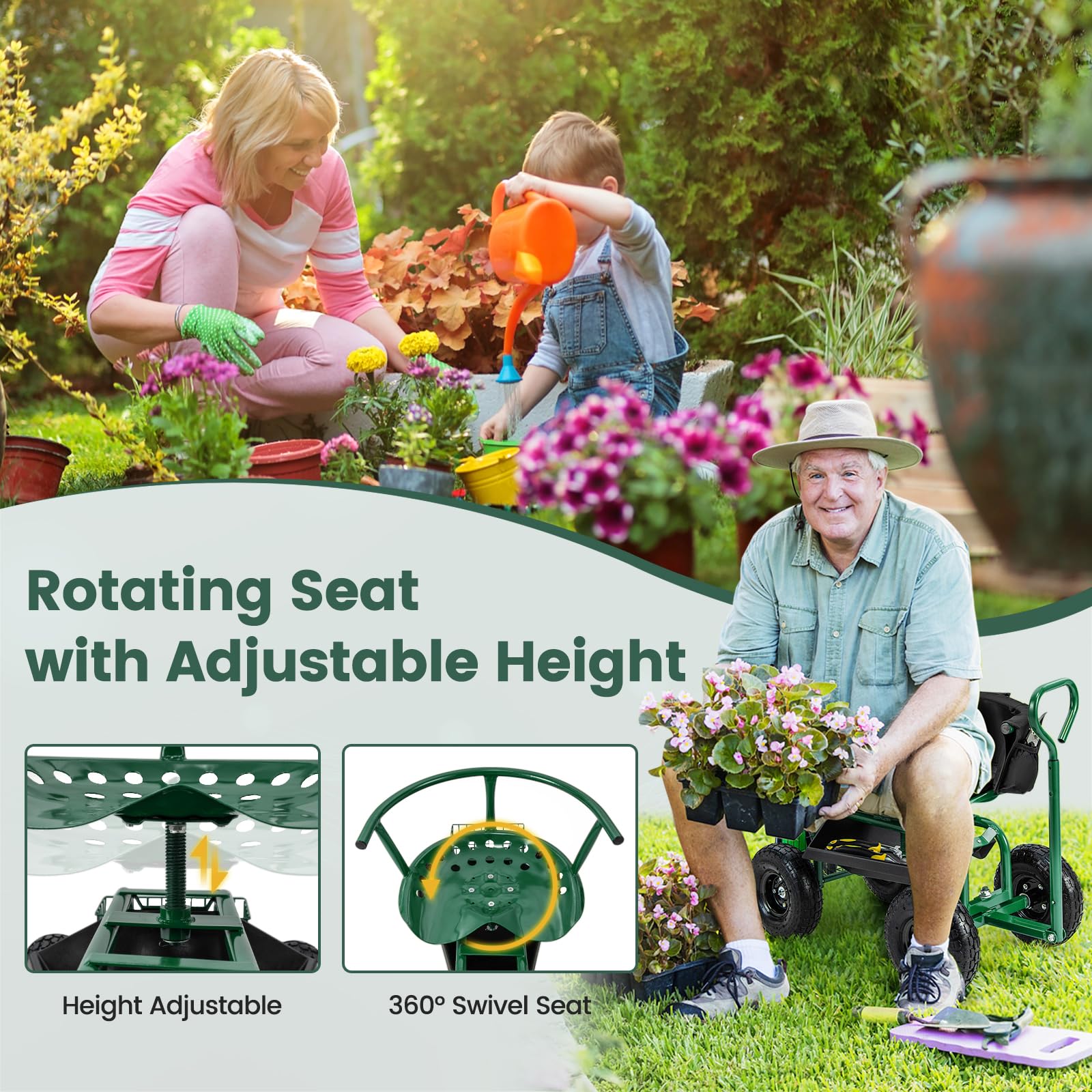 **Goplus Adjustable 360° Swivel Garden Seat with Wheels - Rolling Gardening Stool with Tool Tray, Storage Basket & Extendable Handle - Outdoor Gardening Scooter for Seniors & Adults - Perfect for Planting, Weeding & Yard Work**
