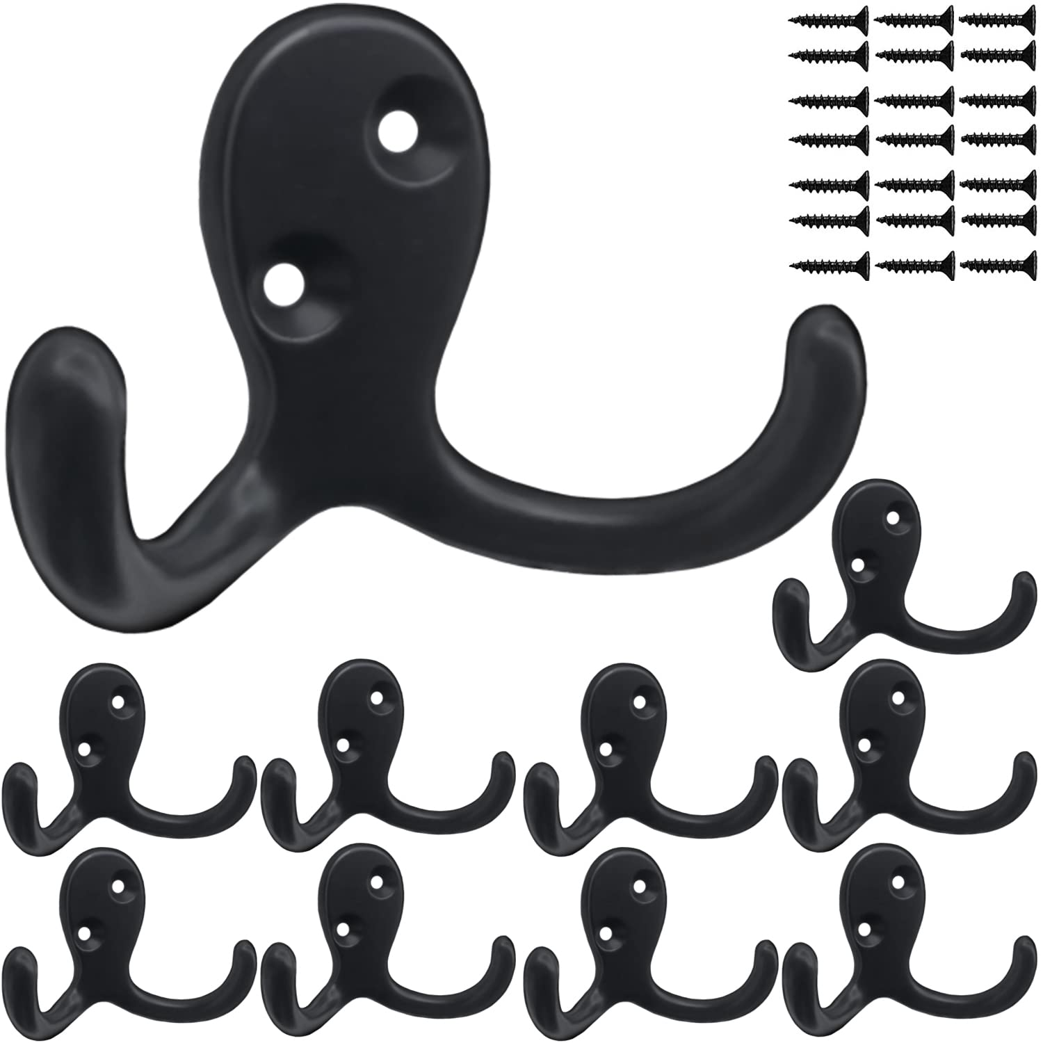 10Pcs Heavy Duty Wall Hooks - Rustproof Double Coat Hooks for Hanging Coats, Robes, Keys, Towels, Bags & Hats - Durable Black Wall Mounted Hardware by MsBong - Perfect for Entryway, Bathroom, Bedroom & Closet Organization