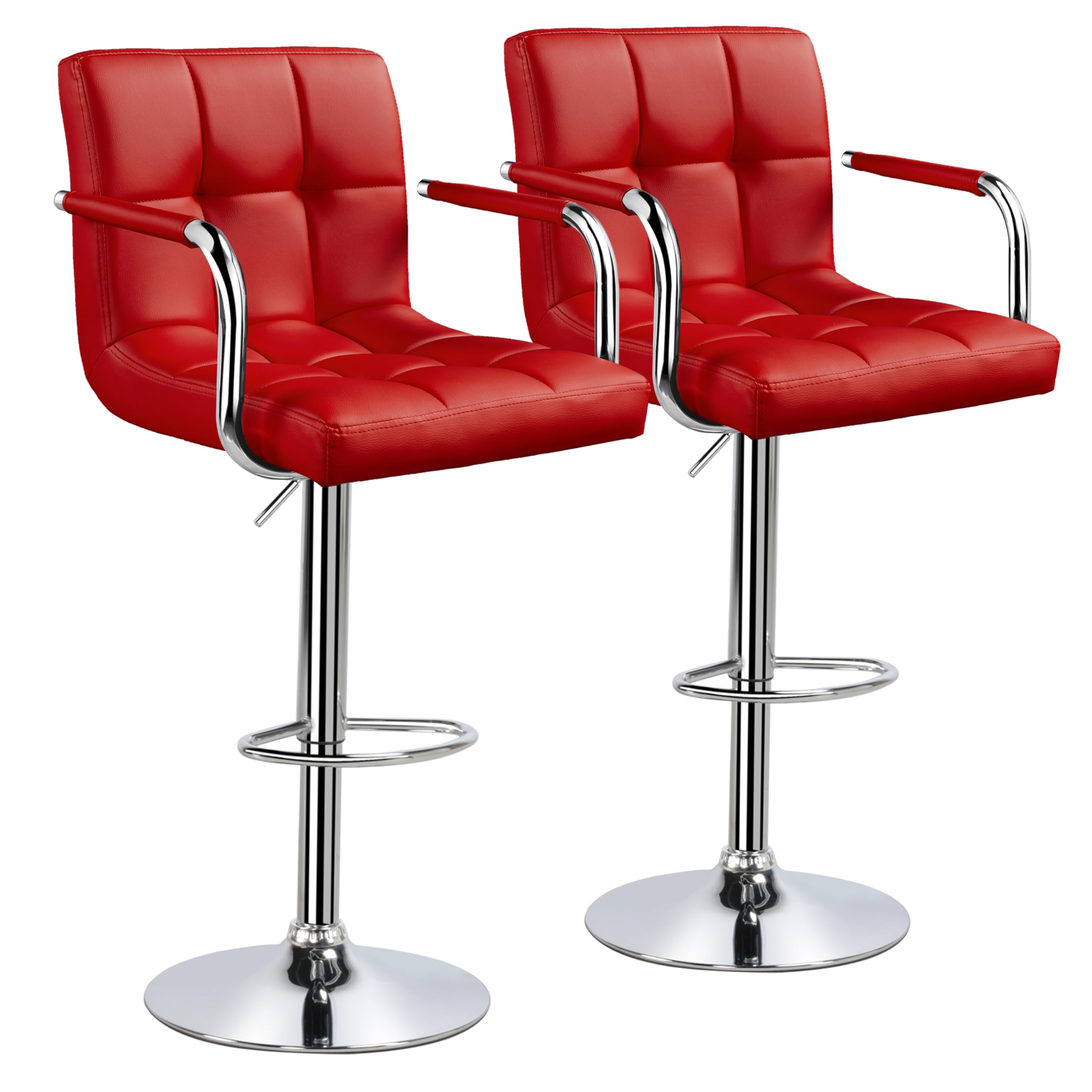 Yaheetech 2-Pack Adjustable Swivel Bar Stools with PU Leather Seat - Hydraulic Height Counter Stools with Armrest & Back Support - Perfect for Kitchen Island, Home Bar, Breakfast Nook & Dining Room - Red
