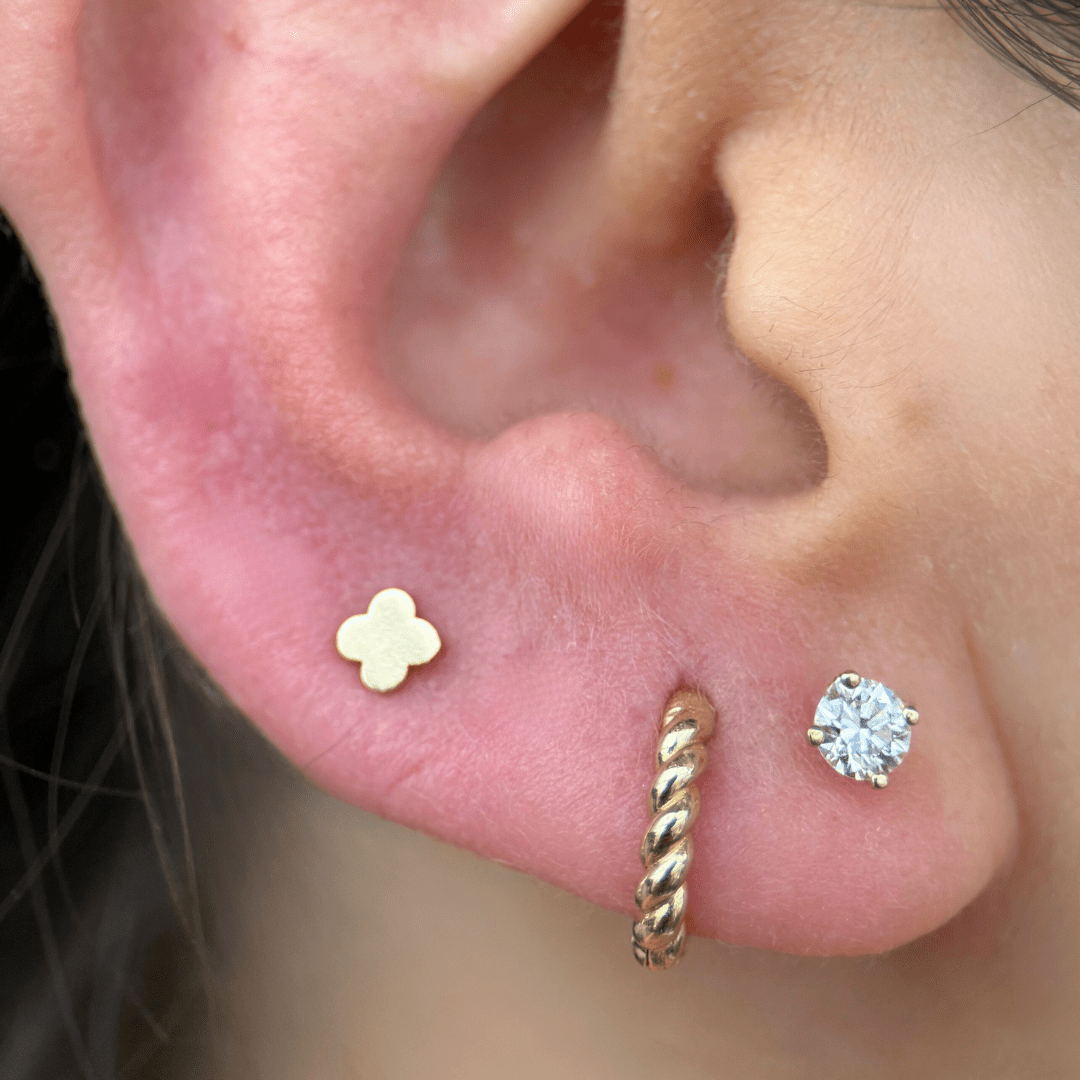 14K Solid Yellow Gold Clover Flat Back Stud Earrings - Perfect for Everyday Wear, Gifts & Special Occasions