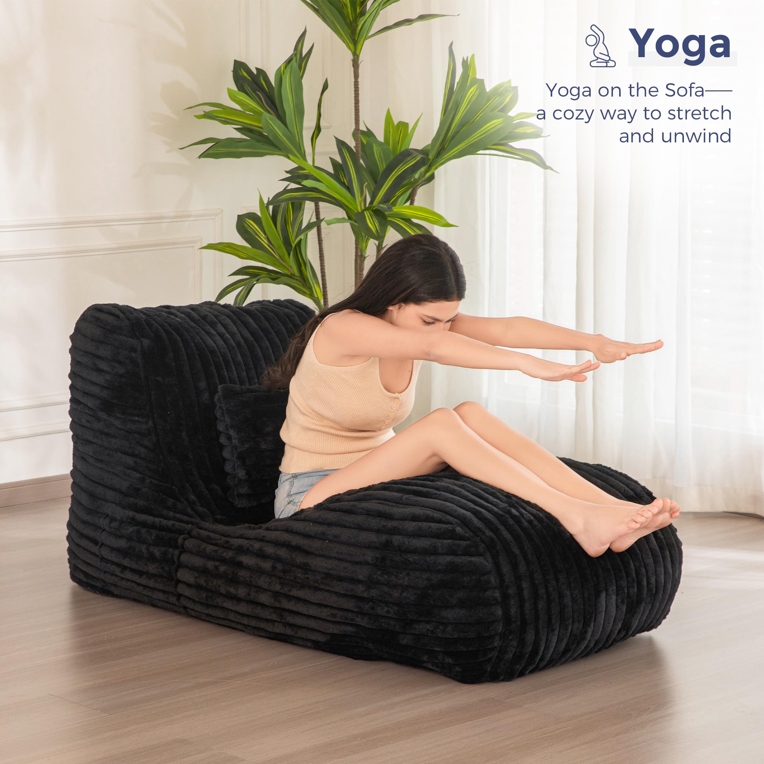 MAXYOYO Ergonomic Chaise Lounge Chair with Pillow - Soft Velvet Fabric Floor Sofa for Bedroom & Living Room - Comfortable Fainting Couch for Relaxation, Reading & Lounging - Black