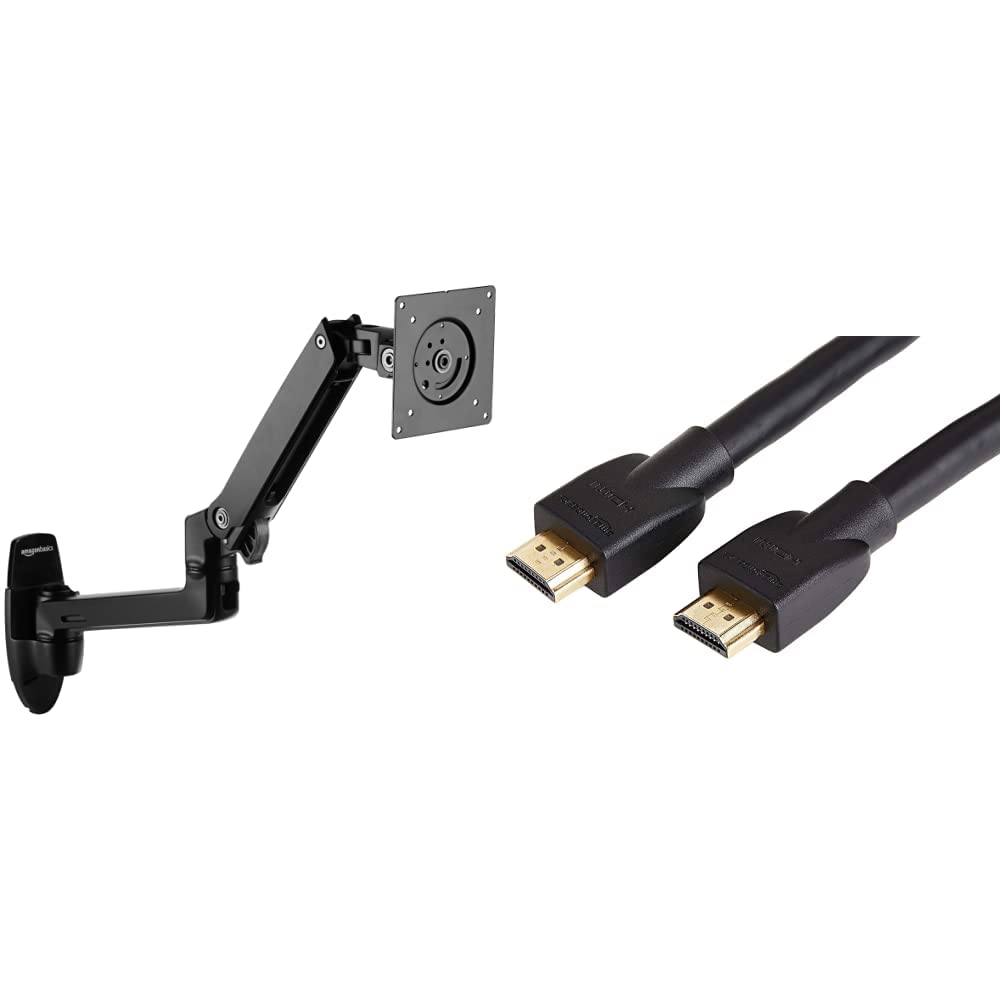 Amazon Basics Wall Mount Monitor Stand with Lift Engine Arm - Aluminum Black & High-Speed HDMI Cable 25ft (18Gbps, 4K/60Hz) - Perfect for Home Office, Gaming Setup, and Conference Room Displays