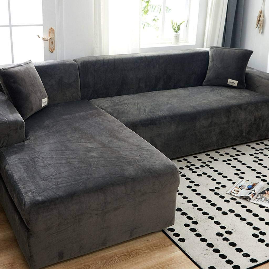 MO&SU Stretch L-Shaped Sofa Slipcover - Velvet Furniture Protector for 1/2/3 Cushion Couches (190-230cm) - Soft Gray Sofa Cover for Living Room, Family Room & Home Theater